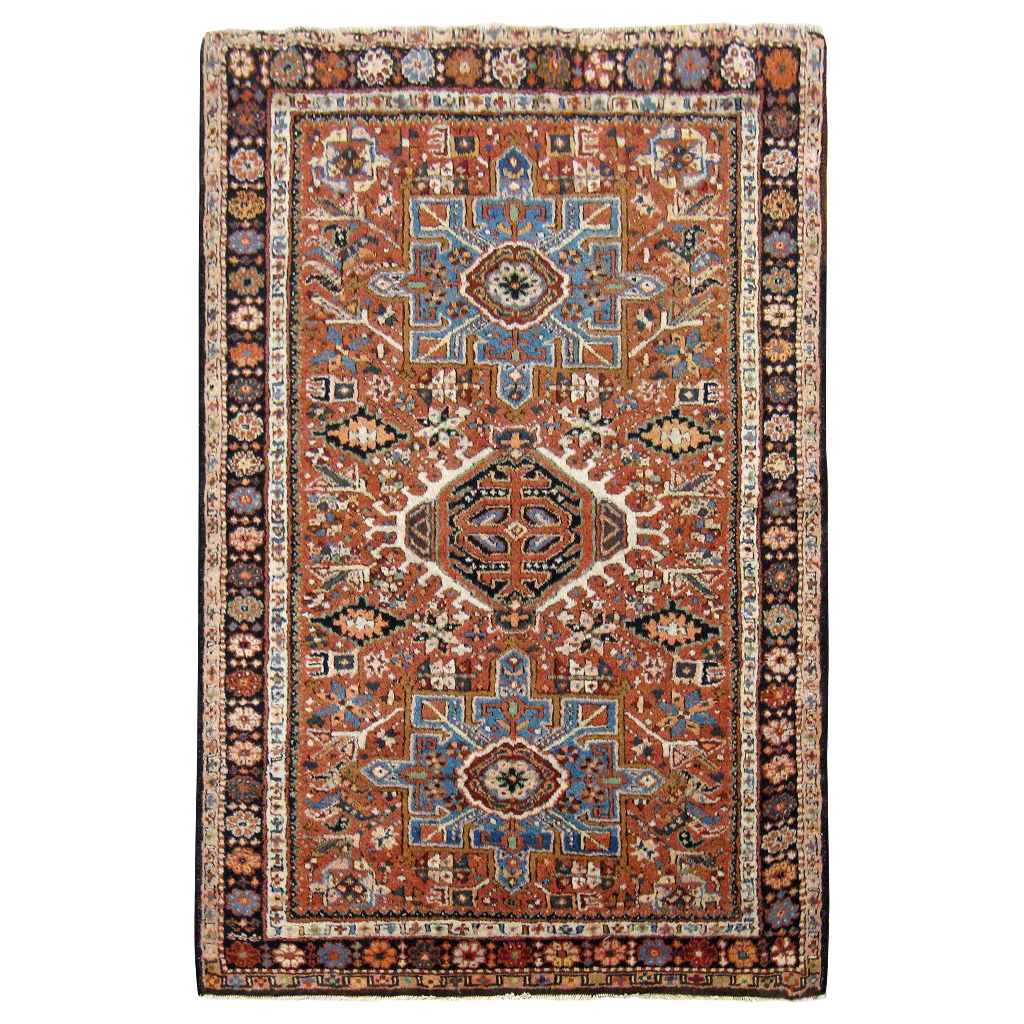 Antique Persian Heriz Karaja Oriental Rug, in Small size, Red Field & Geometric For Sale