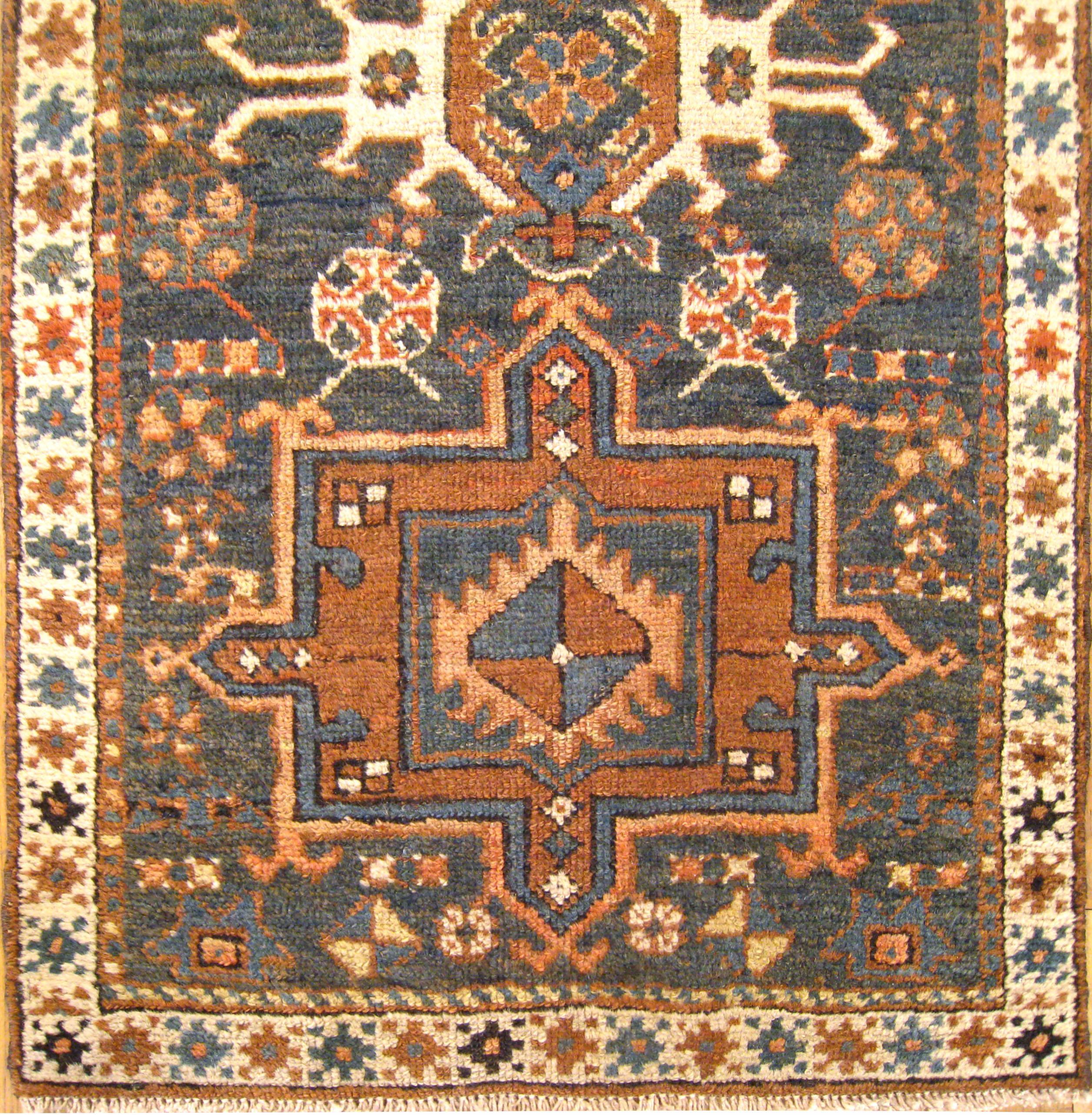 Hand-Knotted Antique Persian Heriz Karaja Oriental Rug, in Small Size, with Blue Green Field