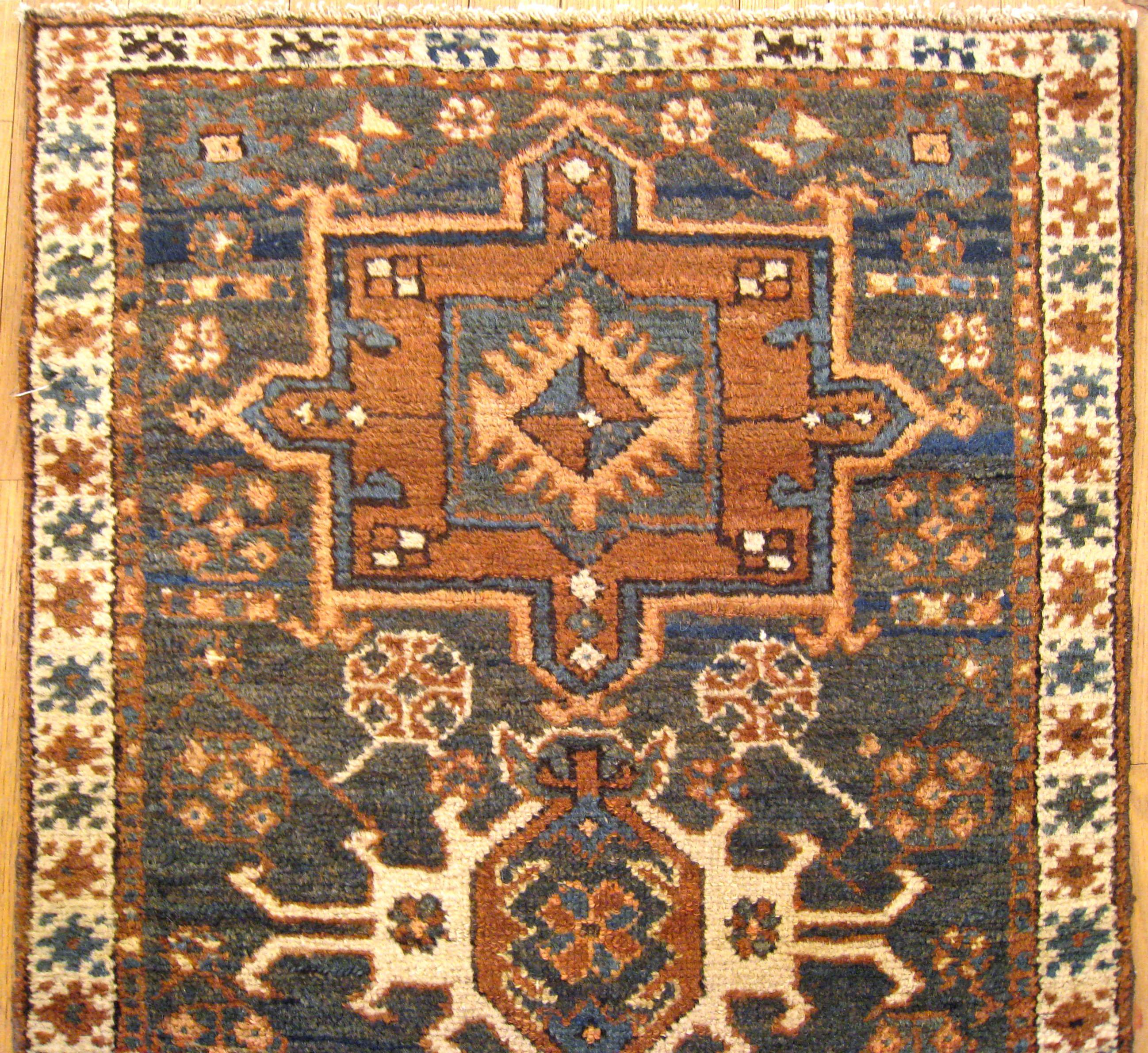 Antique Persian Heriz Karaja Oriental Rug, in Small Size, with Blue Green Field In Good Condition In New York, NY