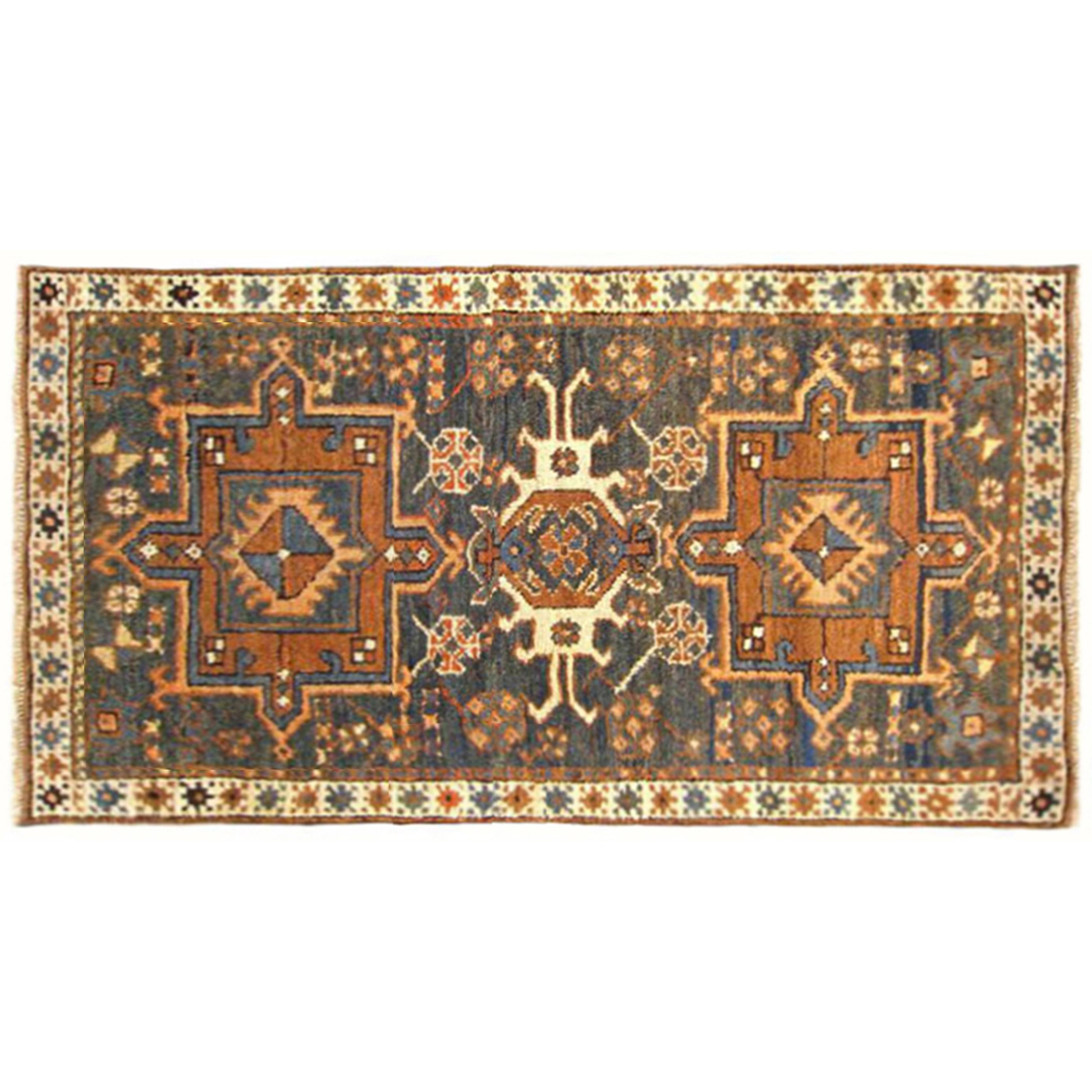 Antique Persian Heriz Karaja Oriental Rug, in Small Size, with Blue Green Field
