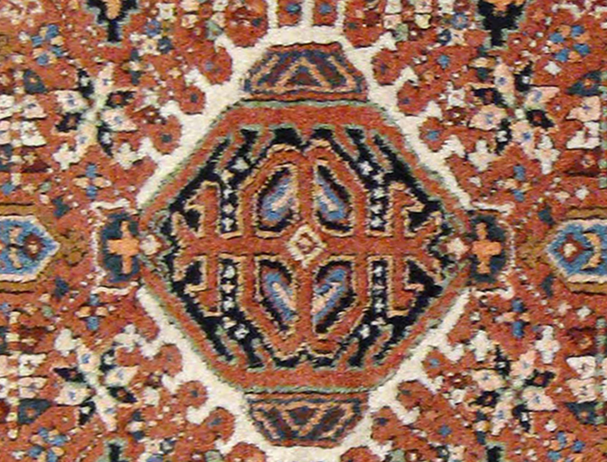 Hand-Knotted Antique Persian Heriz Karaja Oriental Rug, in Small size, Red Field & Geometric For Sale