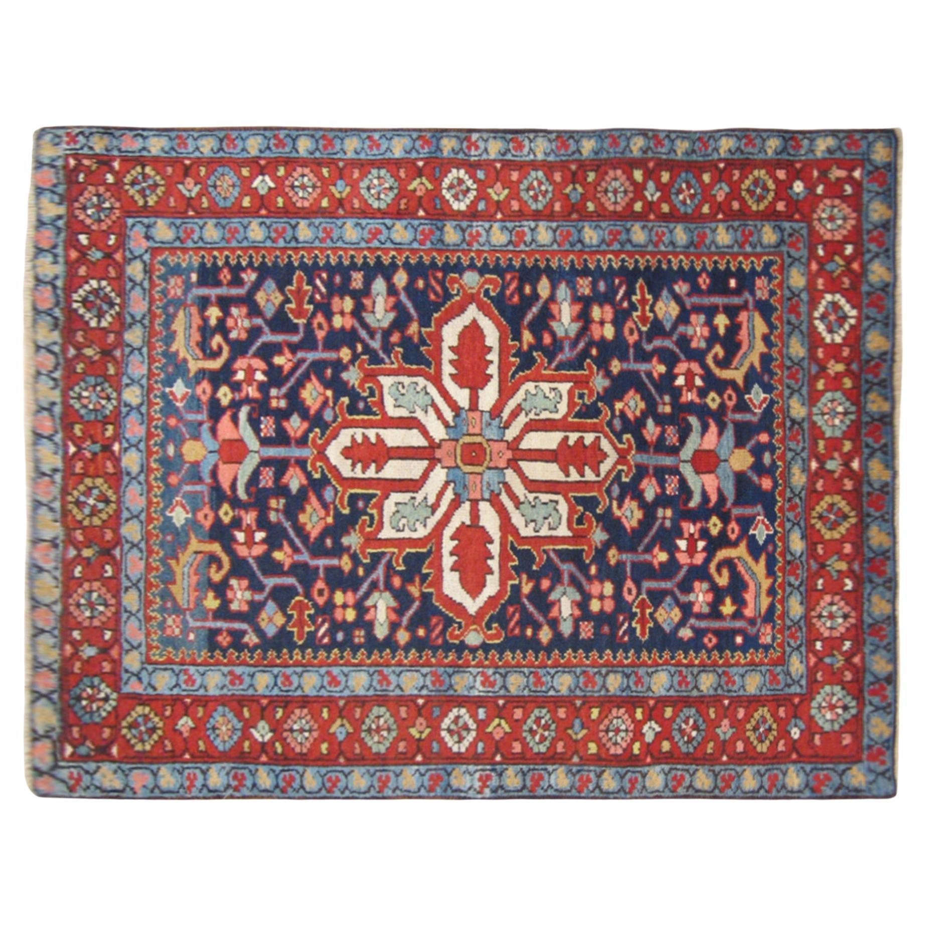 Antique Persian Heriz Karaja Oriental Rug, Small Size, w/ Central Medallion For Sale