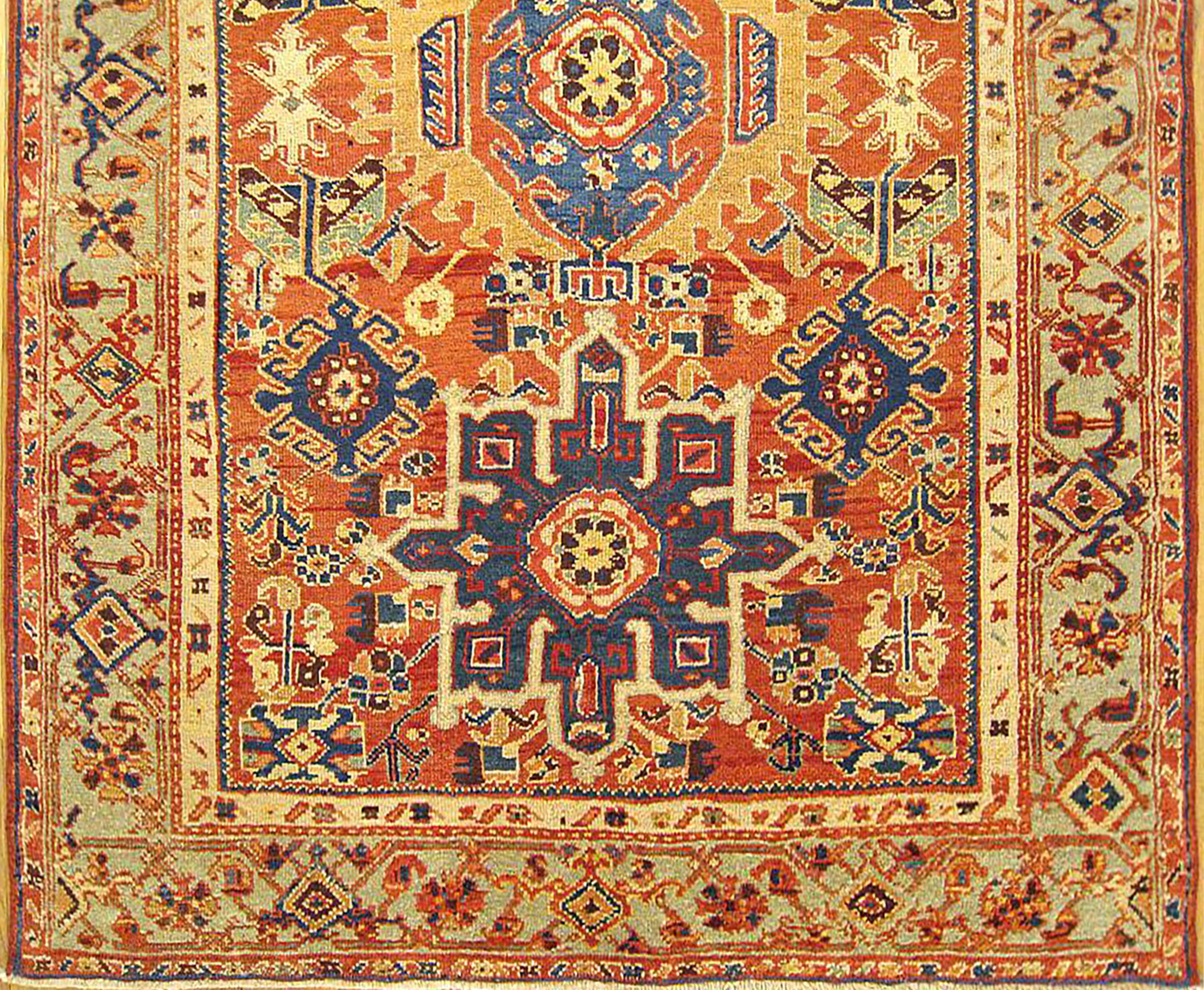 Hand-Knotted Antique Persian Heriz Karaja Oriental Rug, Small Size, w/ Multiple Medallions For Sale