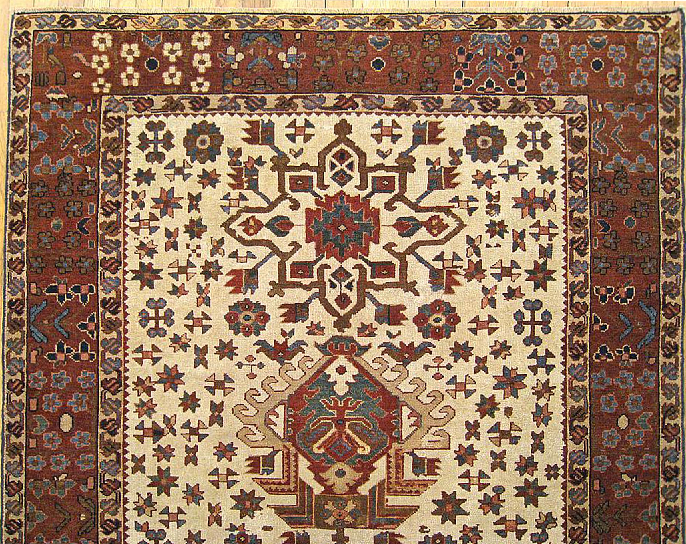 Hand-Knotted Antique Persian Heriz Karaja Oriental Rug, Small Size, w/ Multiple Medallions For Sale