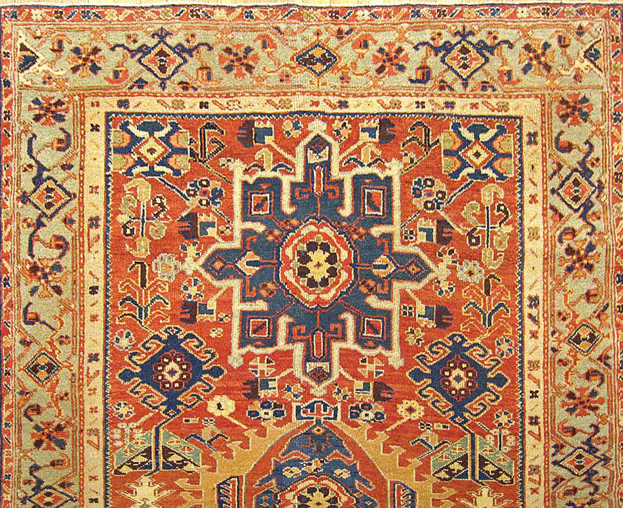 Hand-Knotted Antique Persian Heriz Karaja Oriental Rug, Small Size, w/ Multiple Medallions For Sale