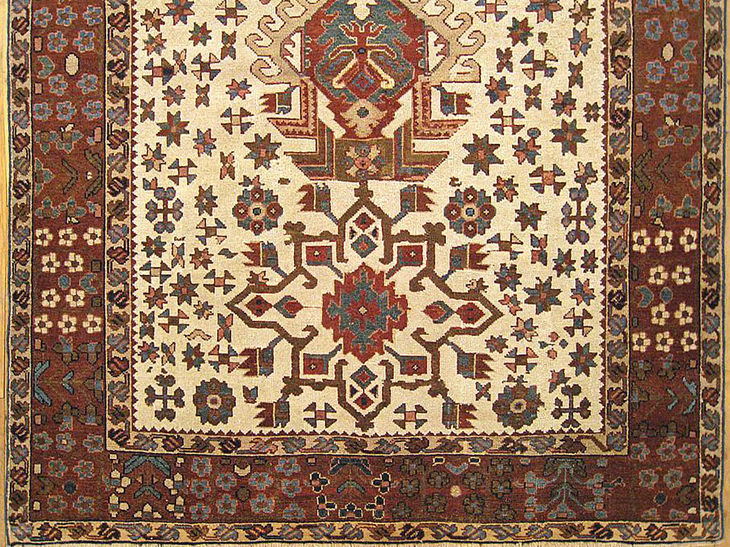 Antique Persian Heriz Karaja Oriental Rug, Small Size, w/ Multiple Medallions In Good Condition For Sale In New York, NY