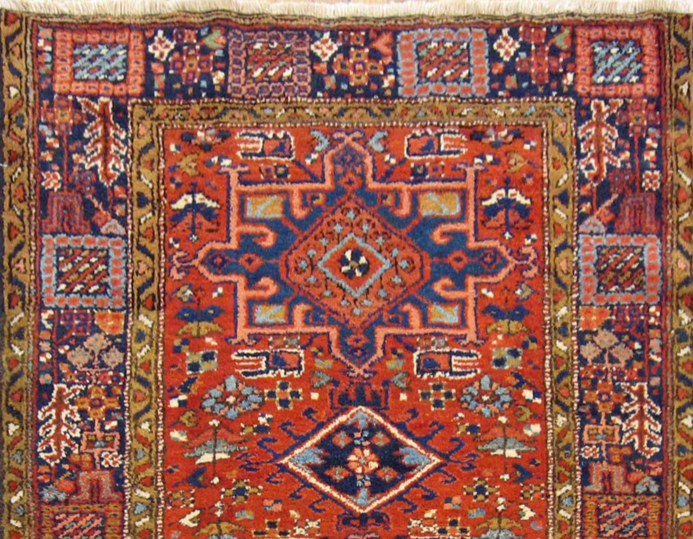 Antique Persian Heriz Karaja Oriental Rug, Small Size, W/ Multiple Medallions In Good Condition For Sale In New York, NY