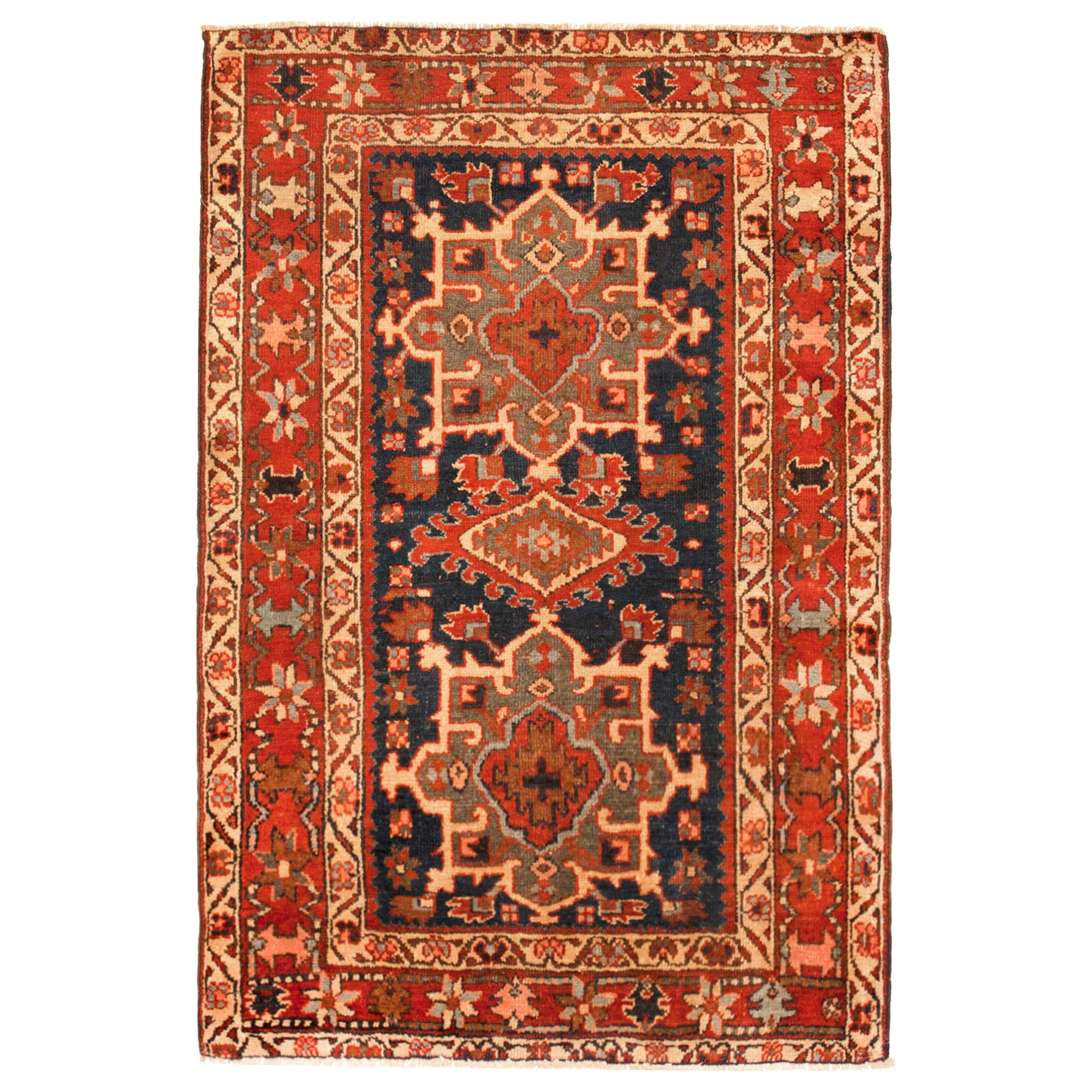 Antico tappeto orientale persiano Heriz Karaja, di piccole dimensioni, con medaglioni multipli