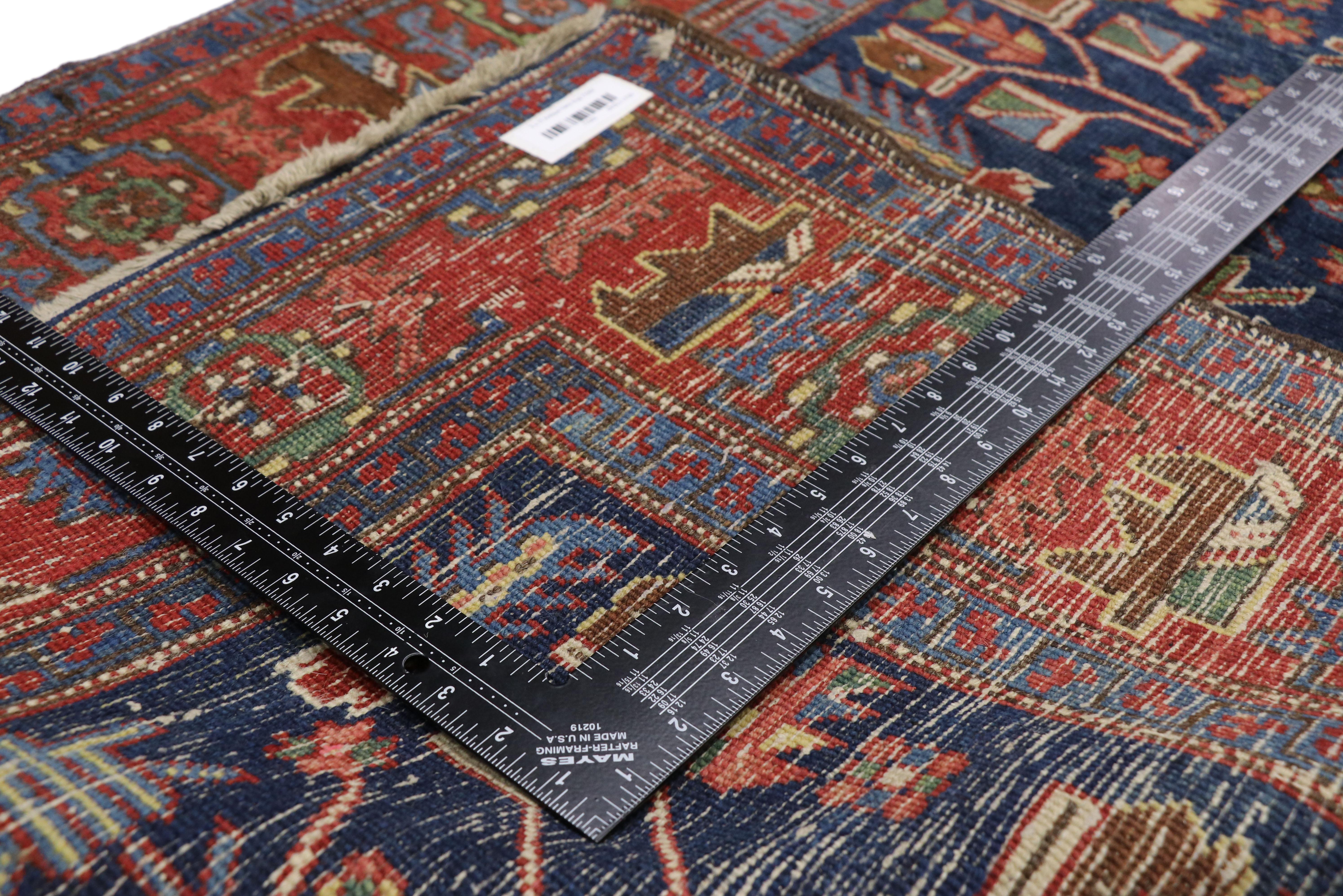 Hand-Knotted Antique Persian Heriz Karaja Runner with Modern Art Deco Tribal Style