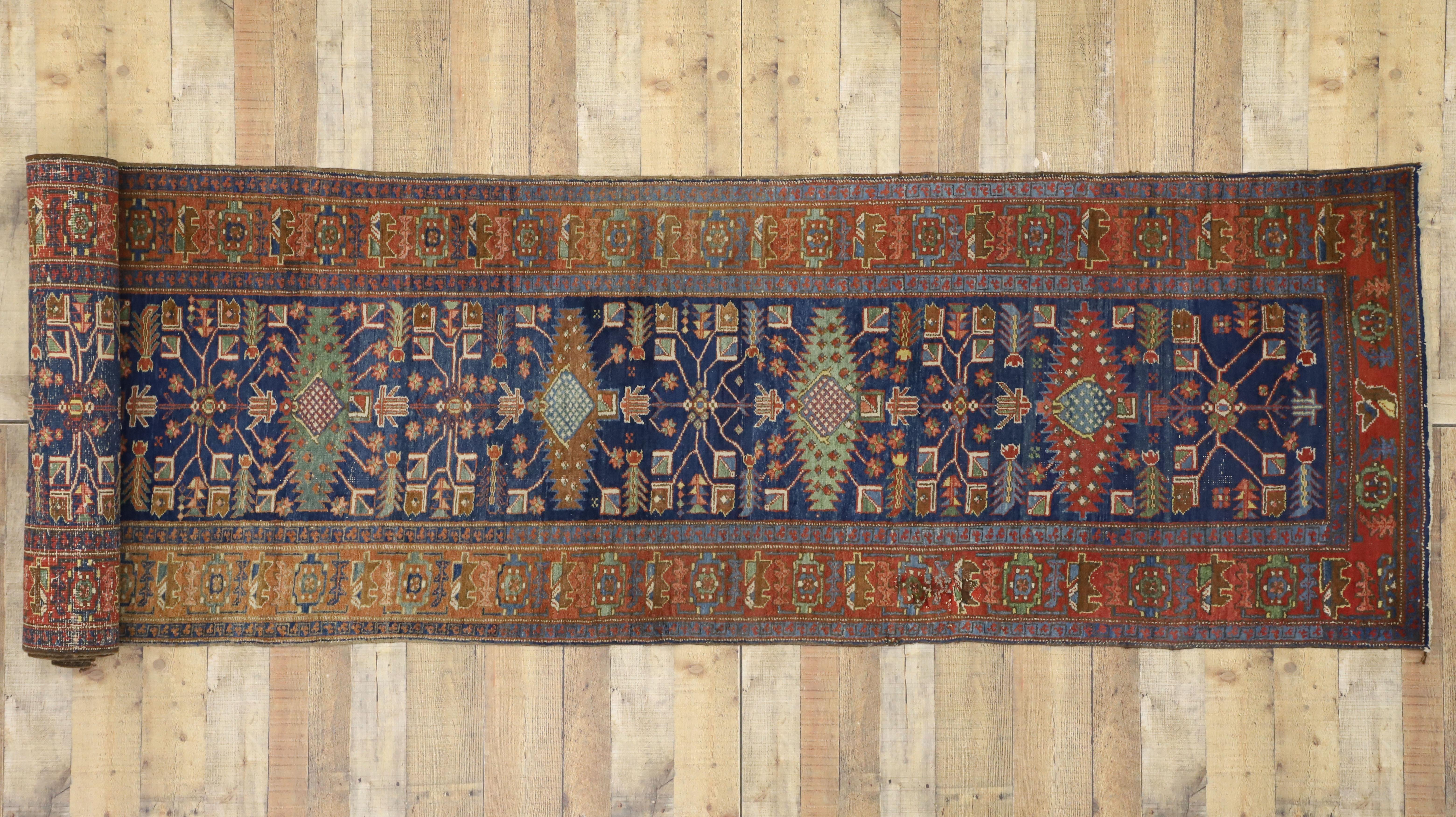 Wool Antique Persian Heriz Karaja Runner with Modern Art Deco Tribal Style