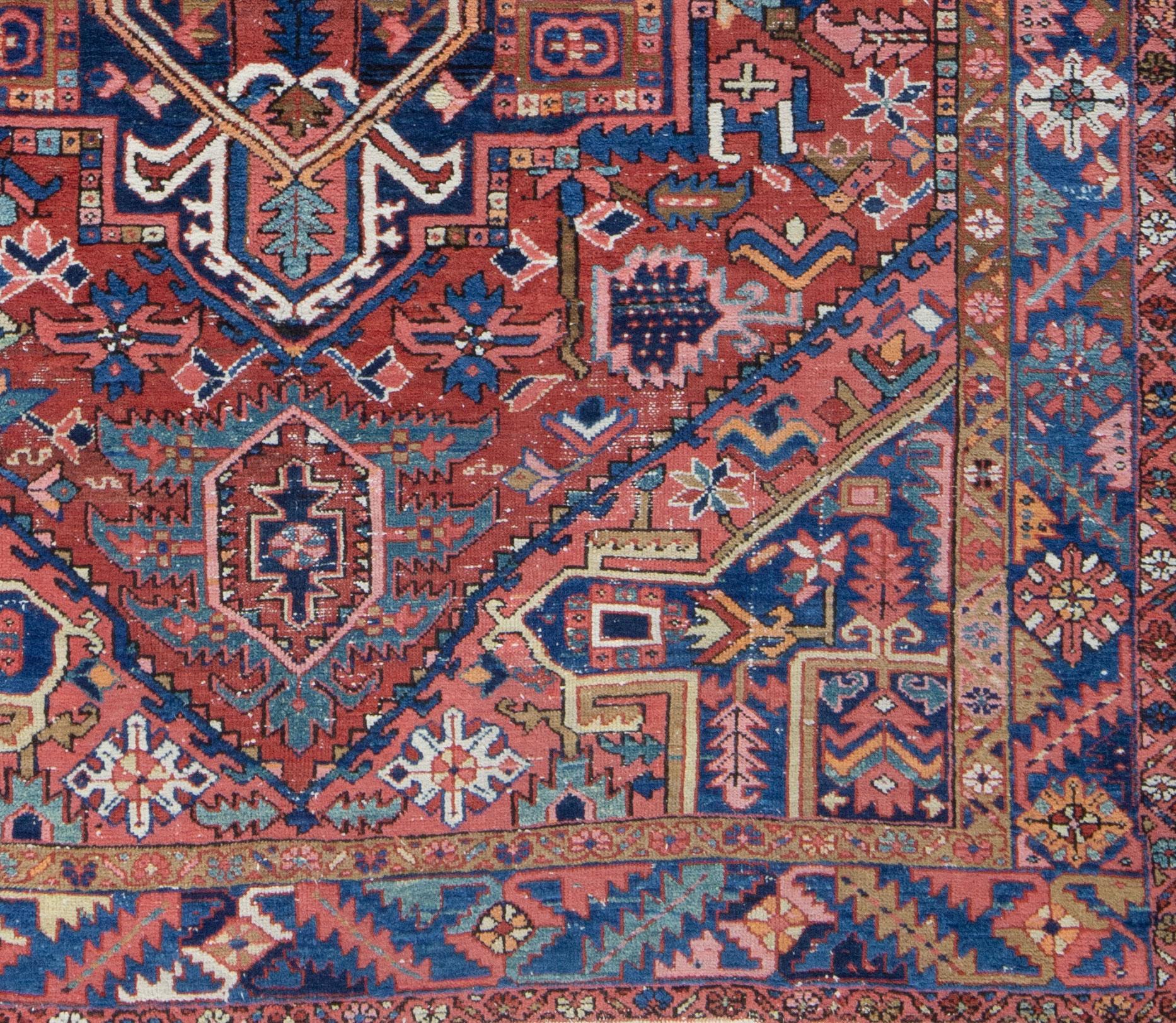 Hand-Woven Antique Persian Heriz Karajeh Rug Vibrant Tribal, c. 1900s For Sale