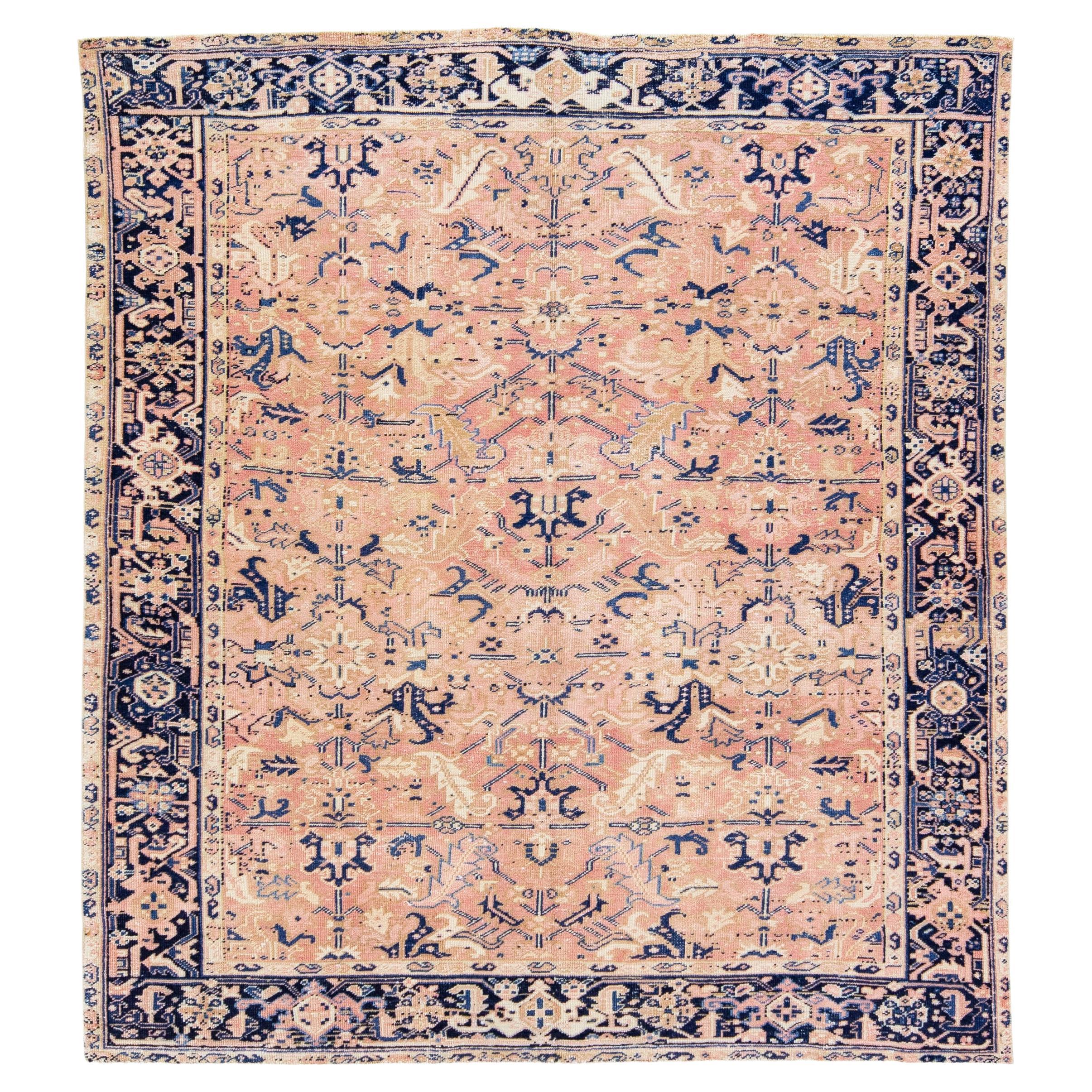 Antique Persian Heriz Light Pink Handmade Wool Rug with All over Design