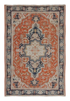 Antique Persian Heriz Medallion Rug in Orange and Blue Tones - Rug & Kilim