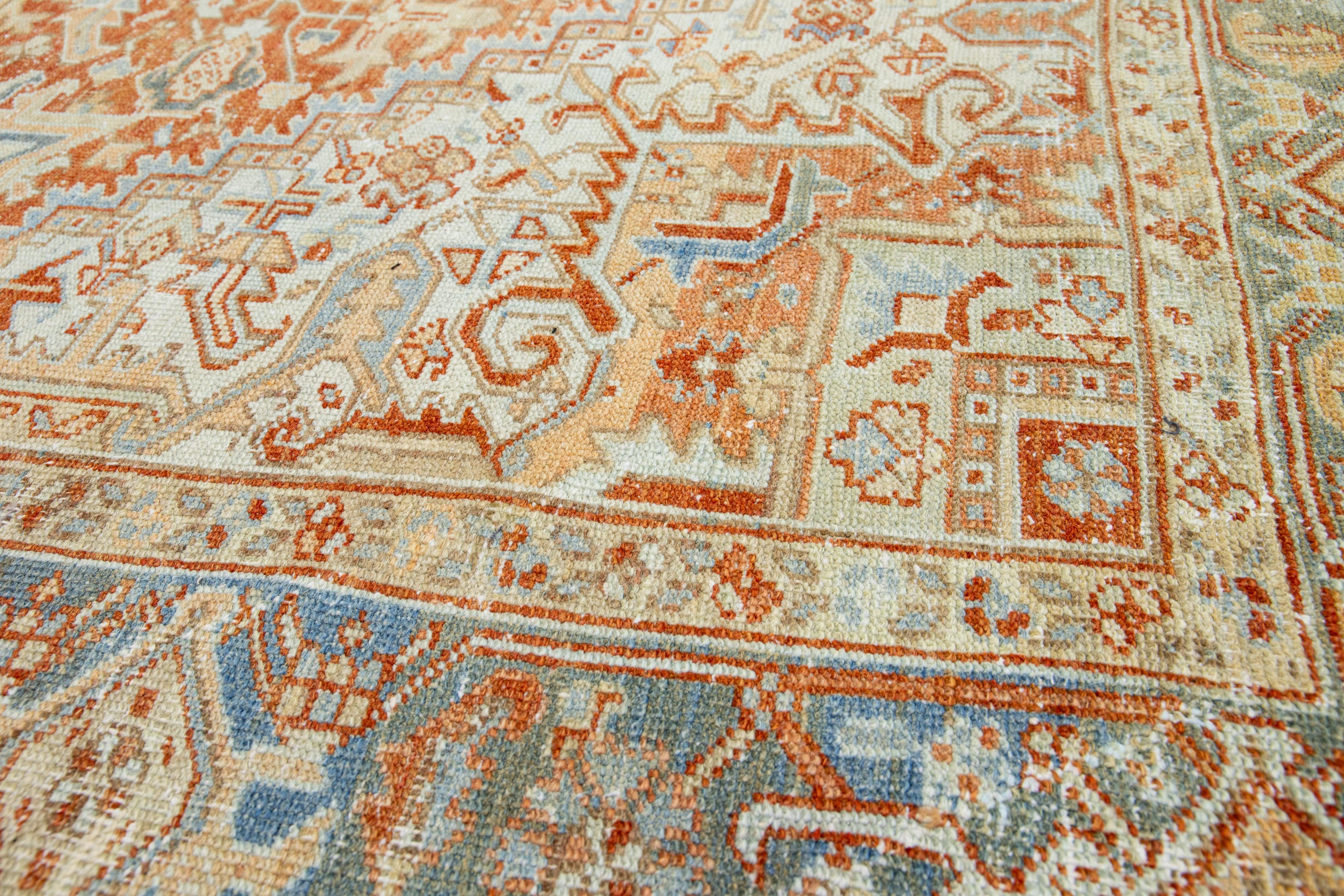 Antique Persian Heriz Orange Wool Rug Featuring a Medallion Design For Sale 3