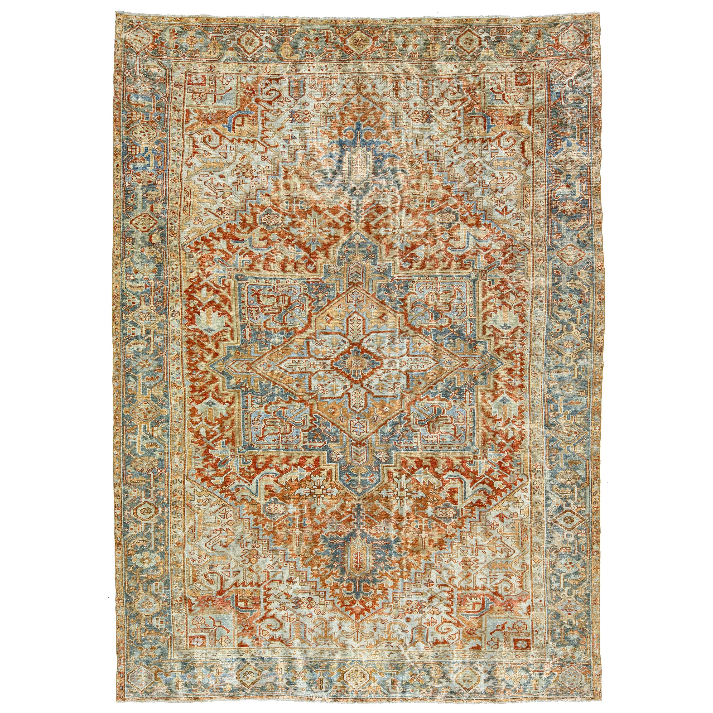 Antiker persischer Heriz-orangefarbener Wollteppich mit Medaillon-Design