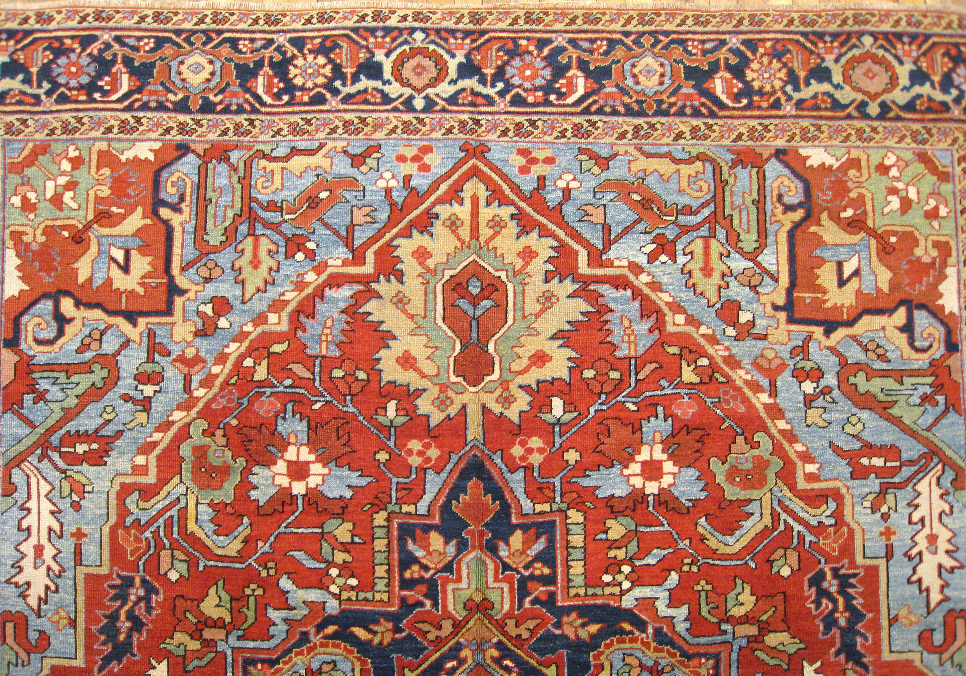 Early 20th Century Antique Persian Heriz Oriental Rug, Room Size, W/ Central Medallion For Sale