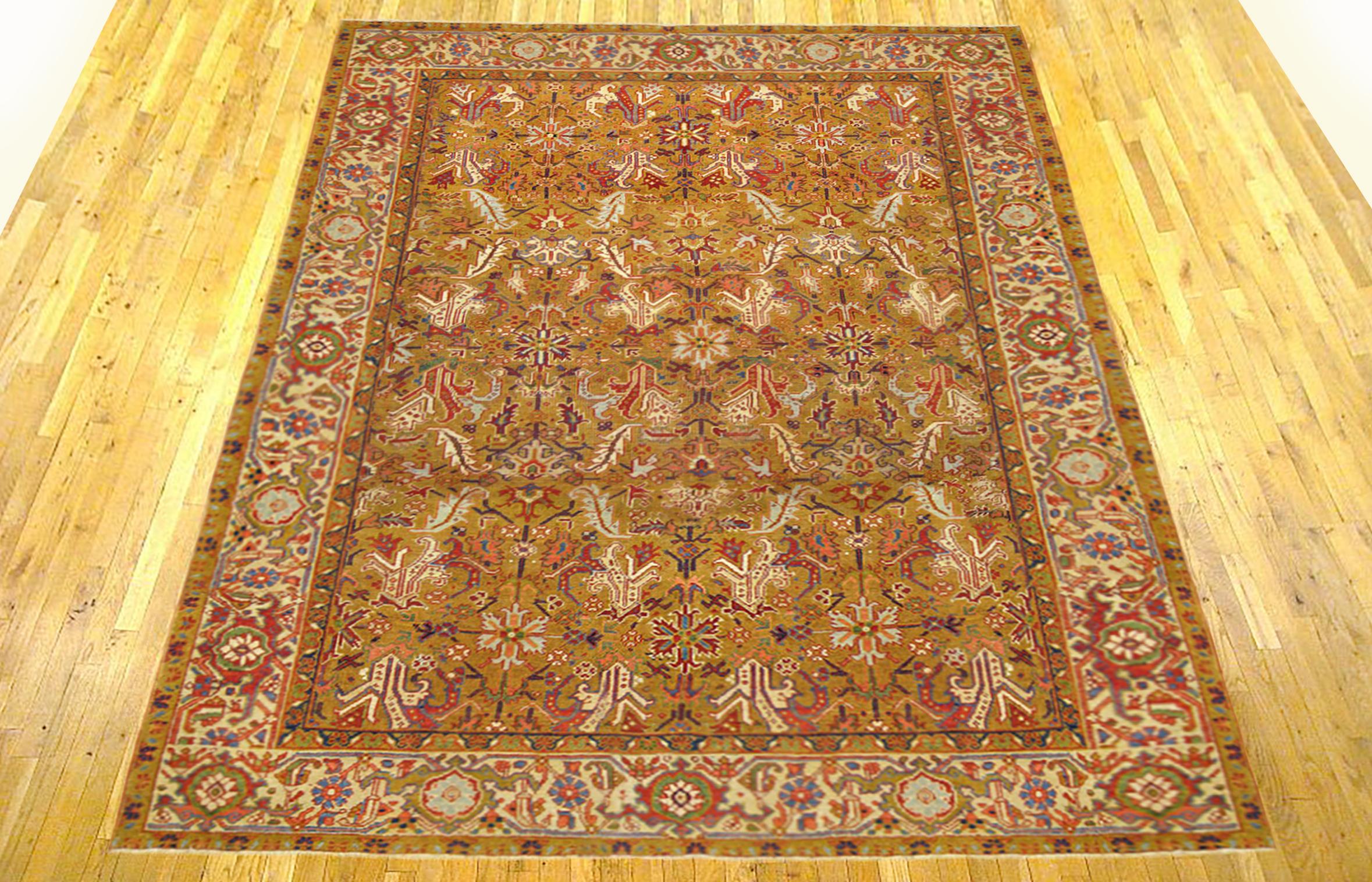 Antique Persian Heriz Oriental rug, room size

An antique Persian Heriz oriental rug, size 9'10