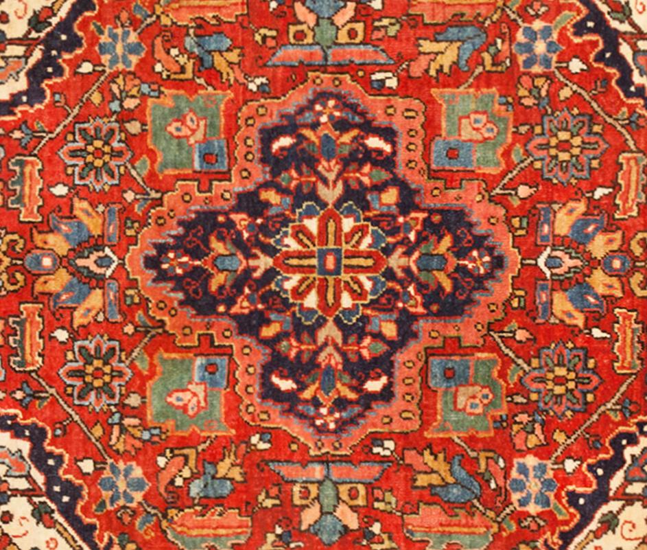Hand-Knotted Antique Persian Heriz Oriental Rug, Small Size, W/ Central Medallion For Sale