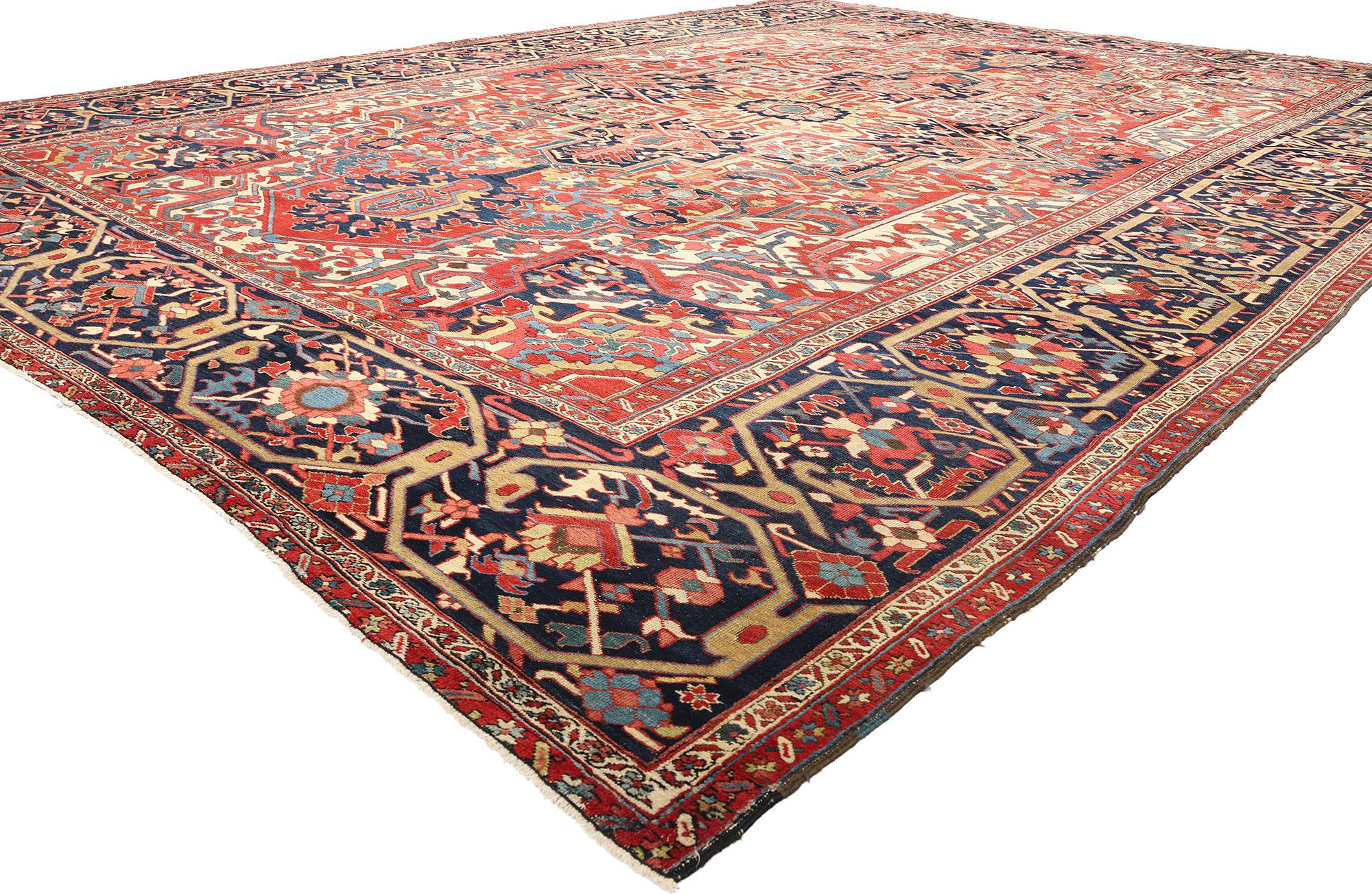 78765 Oversized Antique Persian Heriz Rug, 13'04 x 18'05. Oversized antique Persian Heriz rugs are a specific category of Heriz rugs crafted in larger-than-average dimensions, offering expansive coverage for grand interior spaces. Originating from