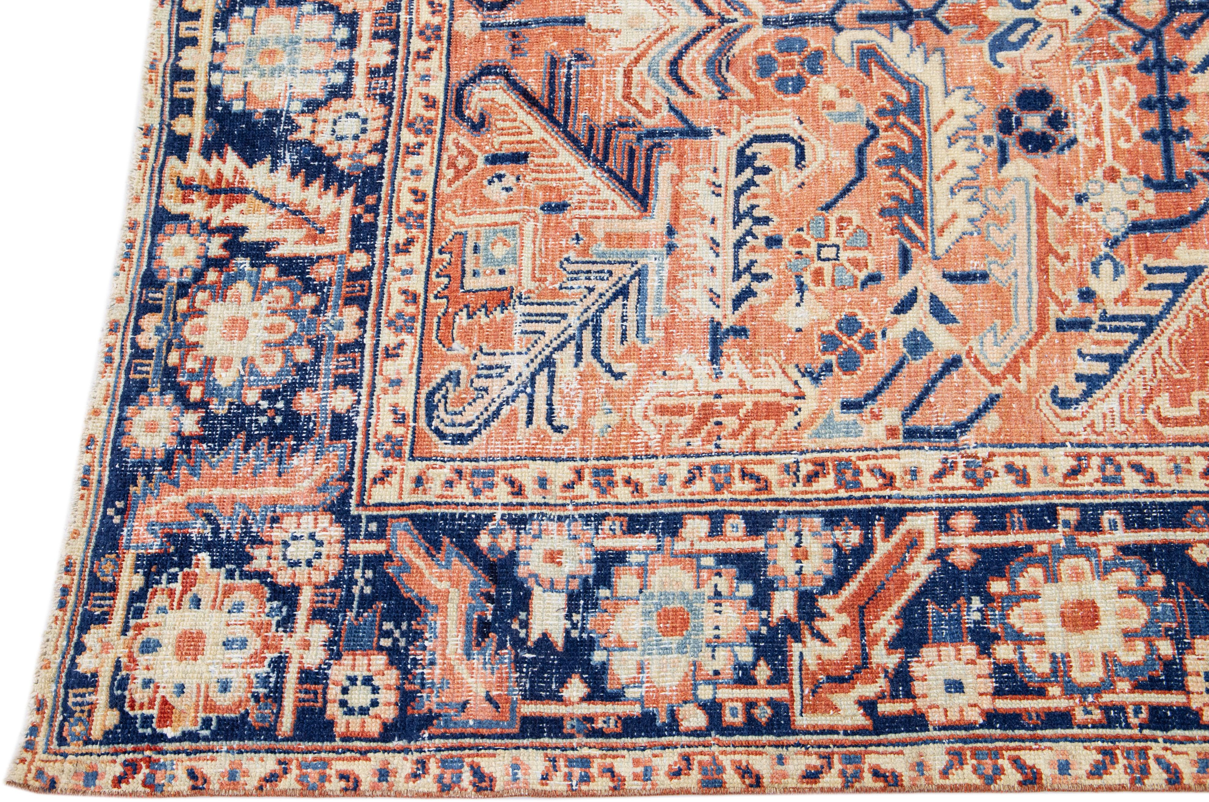 Antique Persian Heriz Peach Handmade Wool Rug with Medallion Design In Good Condition For Sale In Norwalk, CT