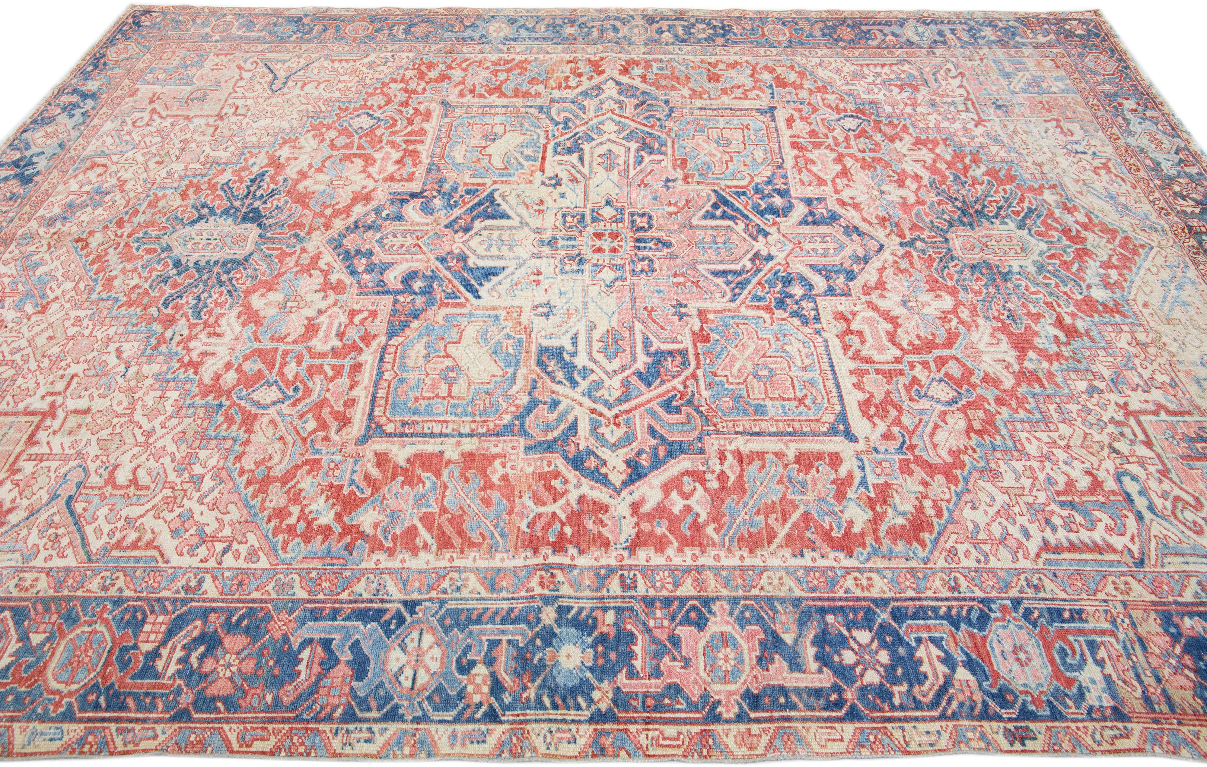 Antique Persian Heriz Pink Handmade Room Size Wool Rug with Medallion Design In Good Condition For Sale In Norwalk, CT