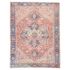 Antique Persian Heriz Pink Handmade Room Size Wool Rug with Medallion Design