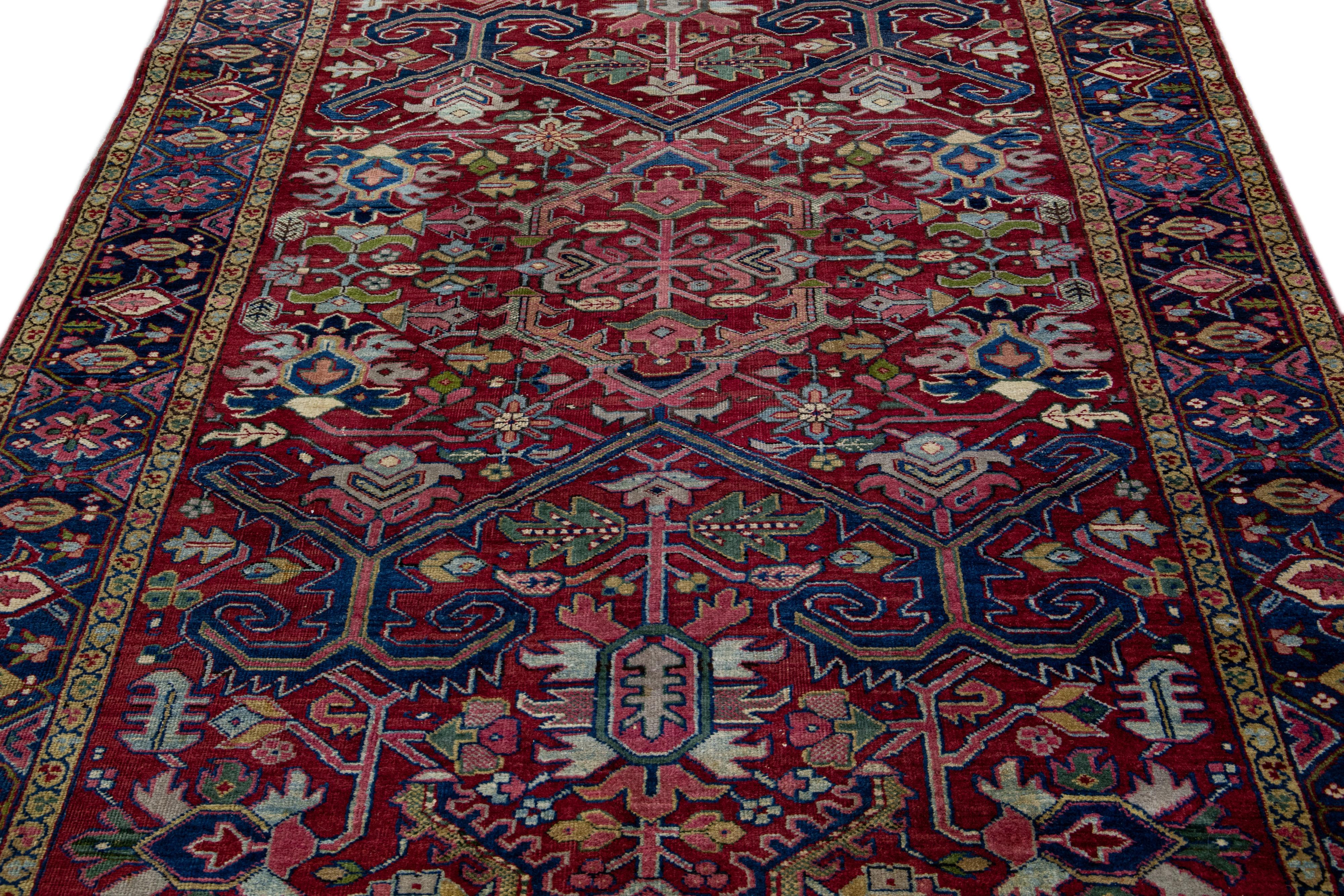 Heriz Serapi Antique Persian Heriz Red Handamade Allover Floral Wool Rug For Sale