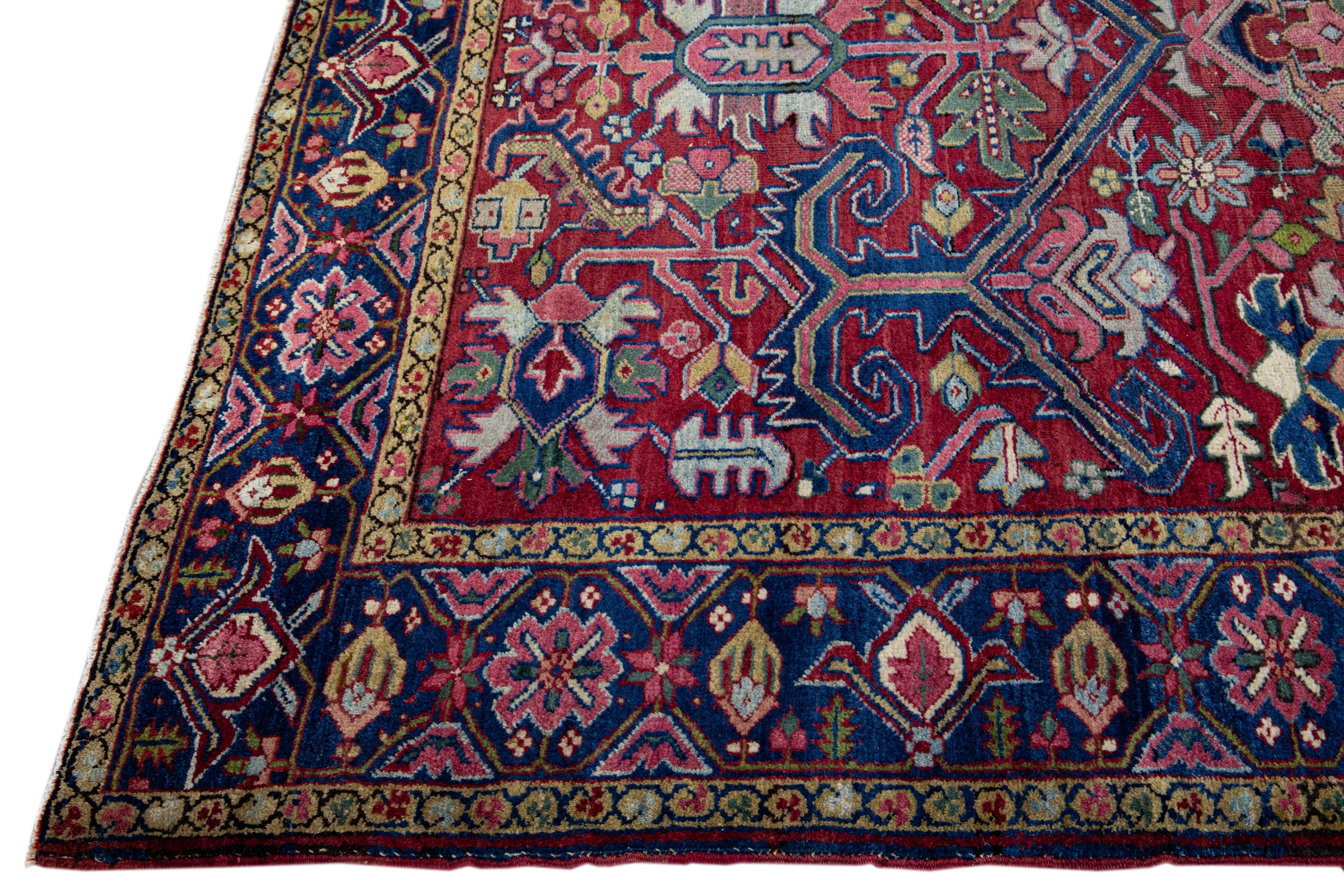 Hand-Knotted Antique Persian Heriz Red Handamade Allover Floral Wool Rug For Sale