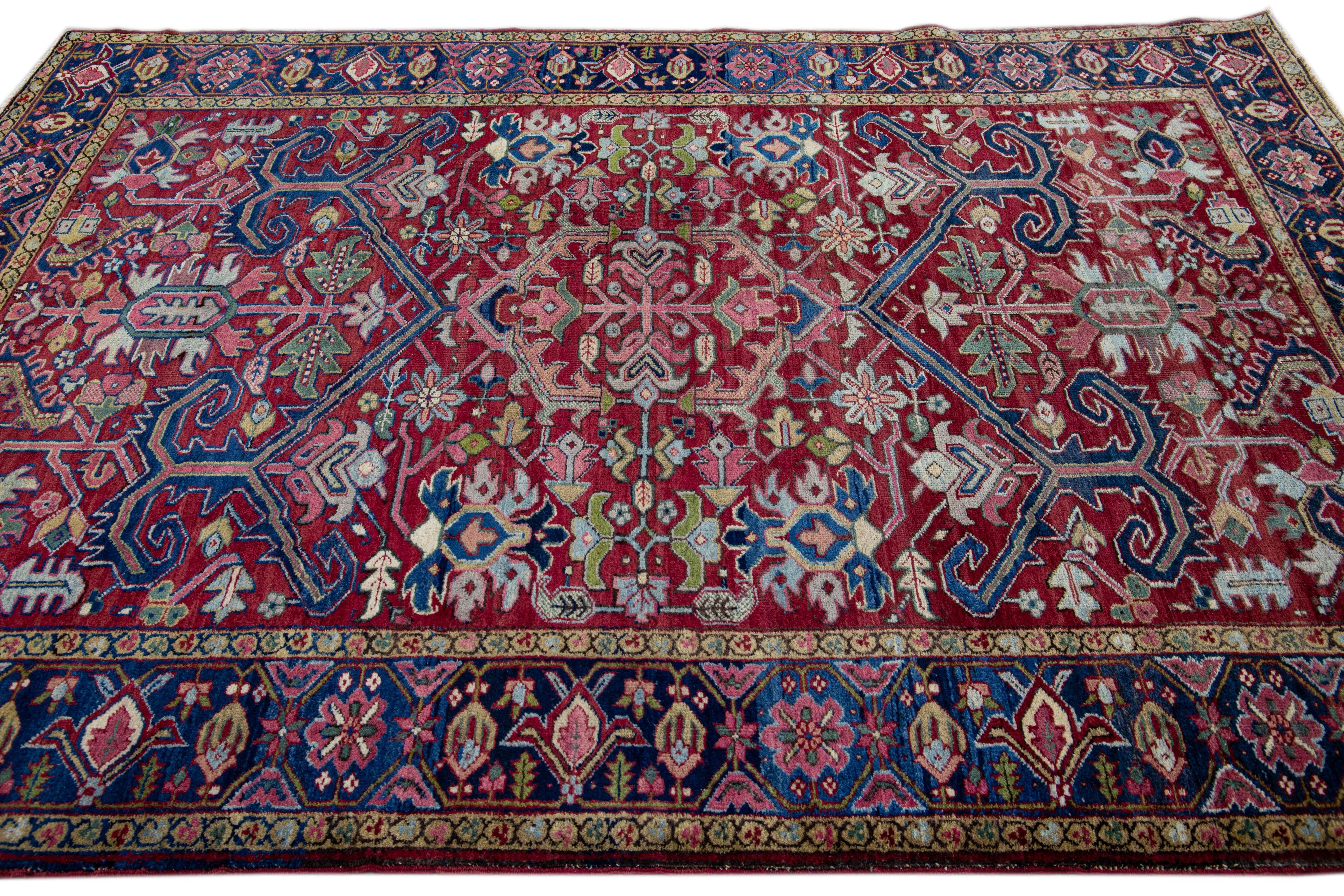 Antique Persian Heriz Red Handamade Allover Floral Wool Rug In Good Condition For Sale In Norwalk, CT