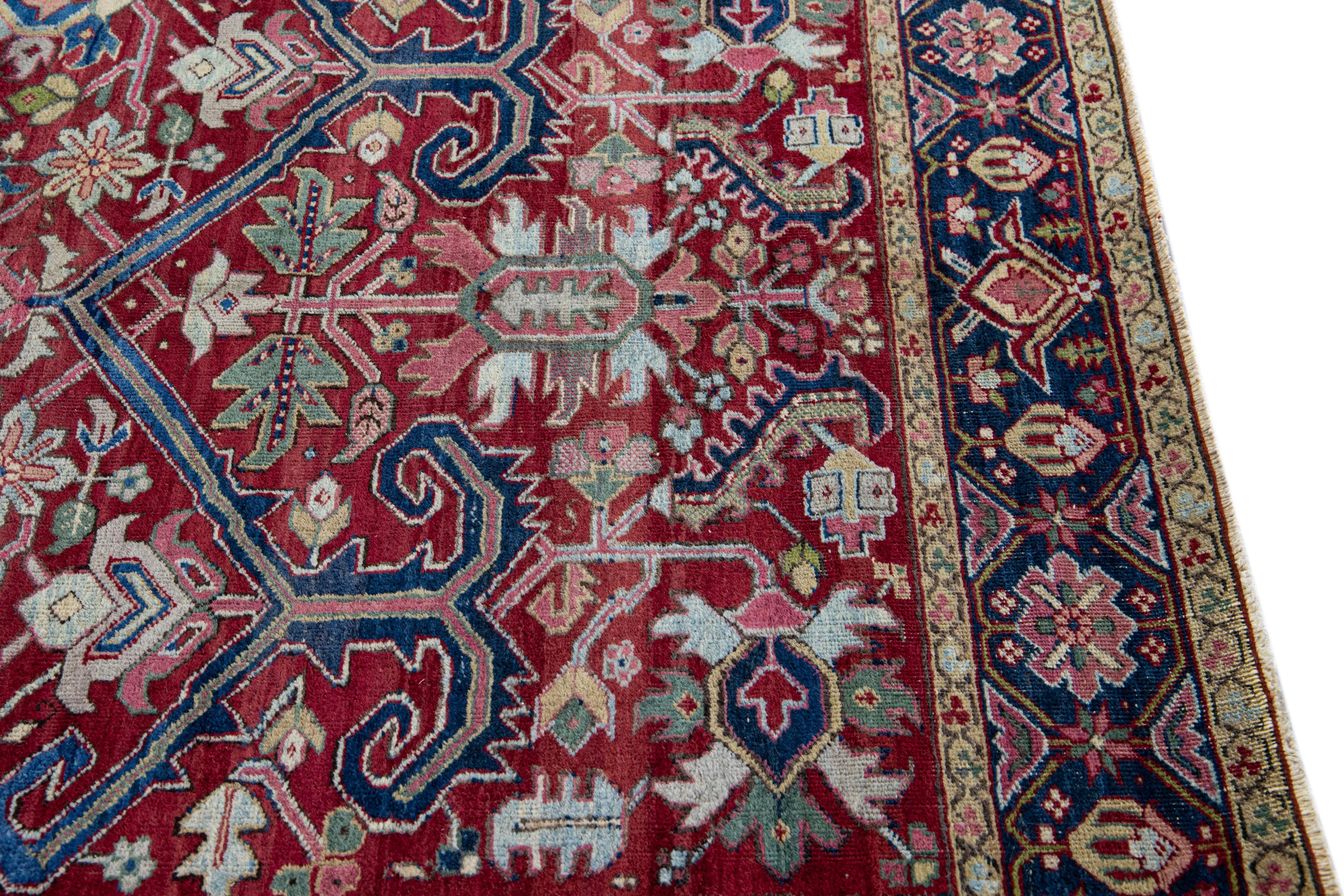 Antique Persian Heriz Red Handamade Allover Floral Wool Rug For Sale 3