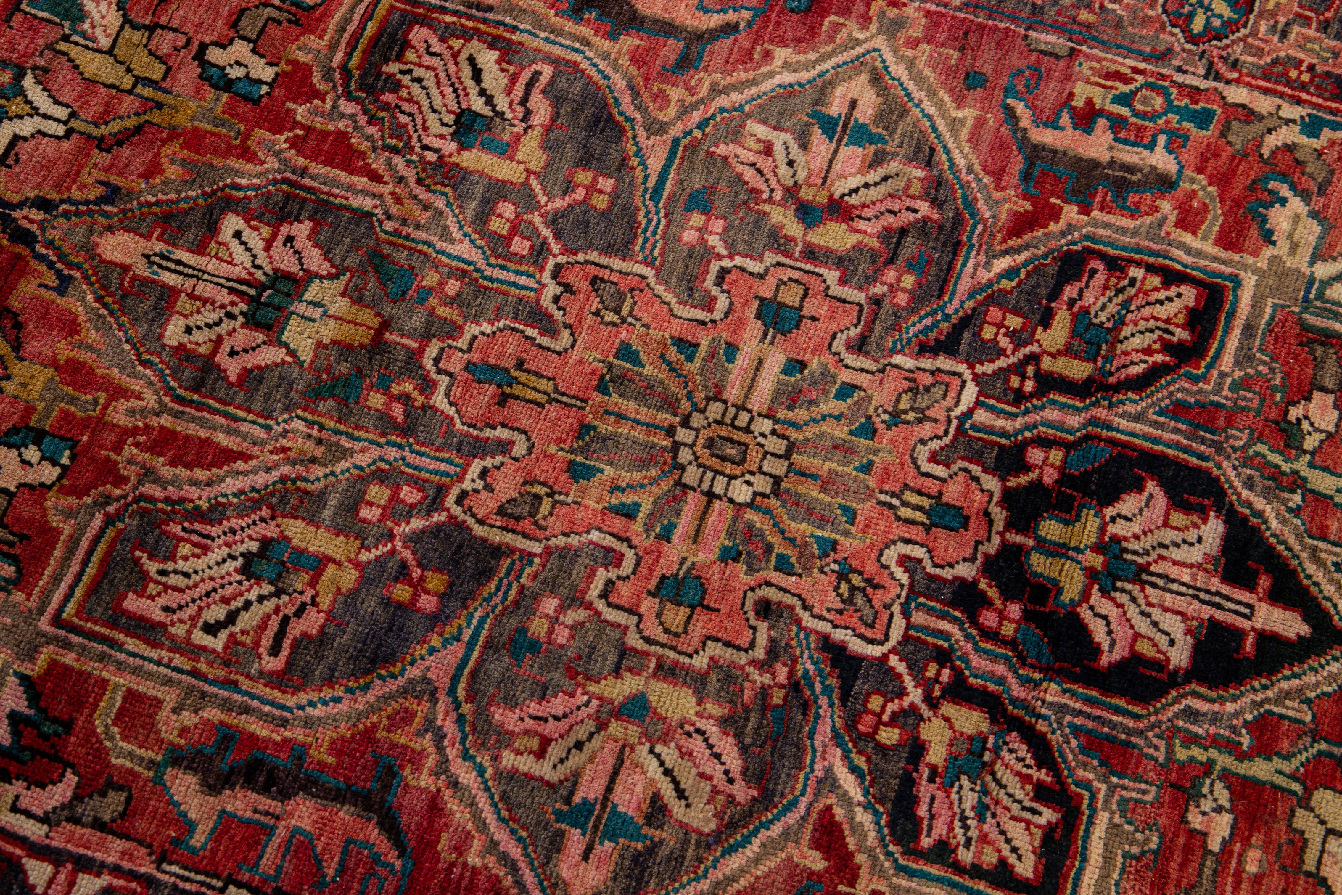 Antique Persian Heriz Red Handmade Medallion Floral Wool Rug For Sale 4