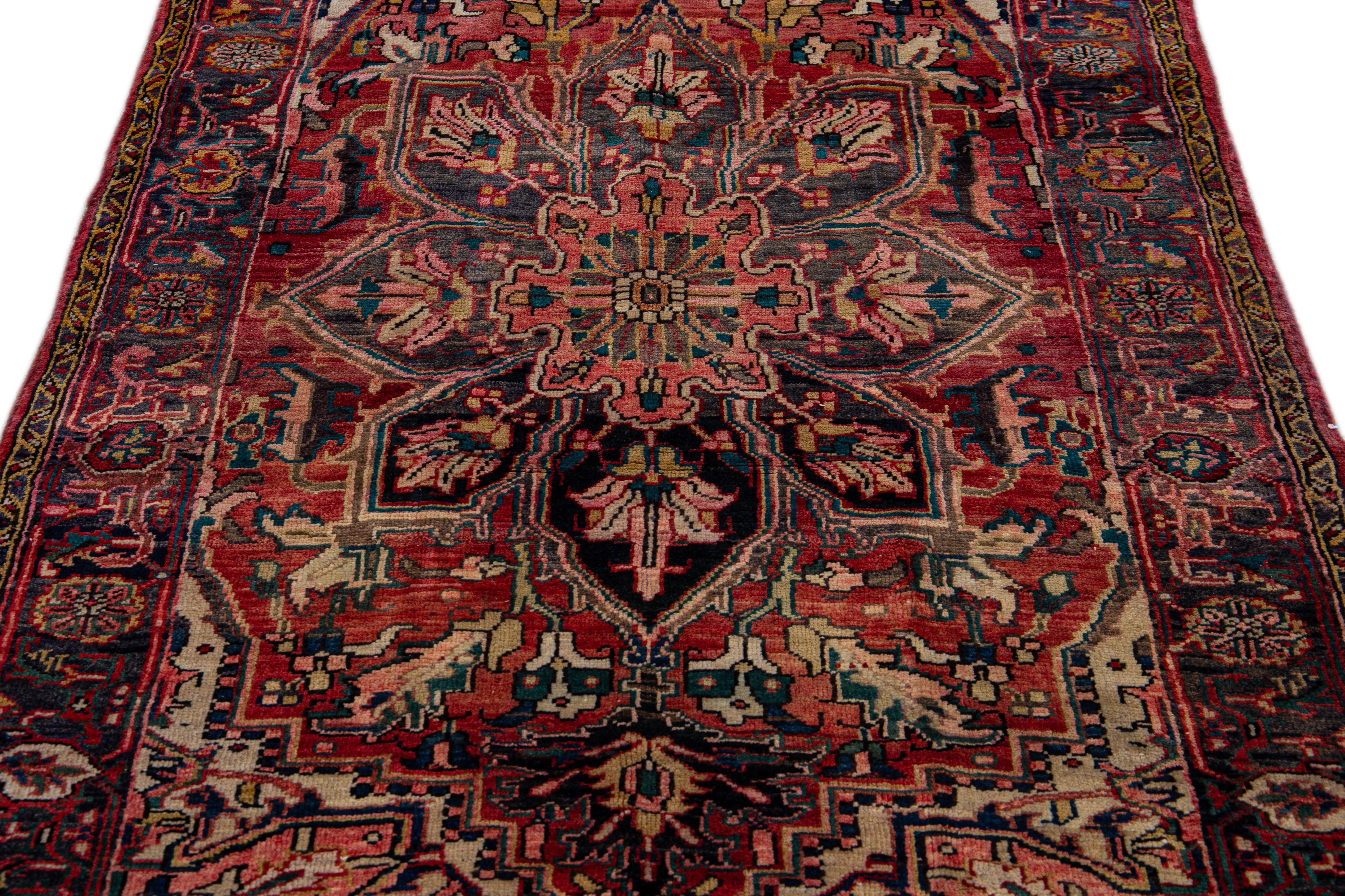 Heriz Serapi Antique Persian Heriz Red Handmade Medallion Floral Wool Rug For Sale