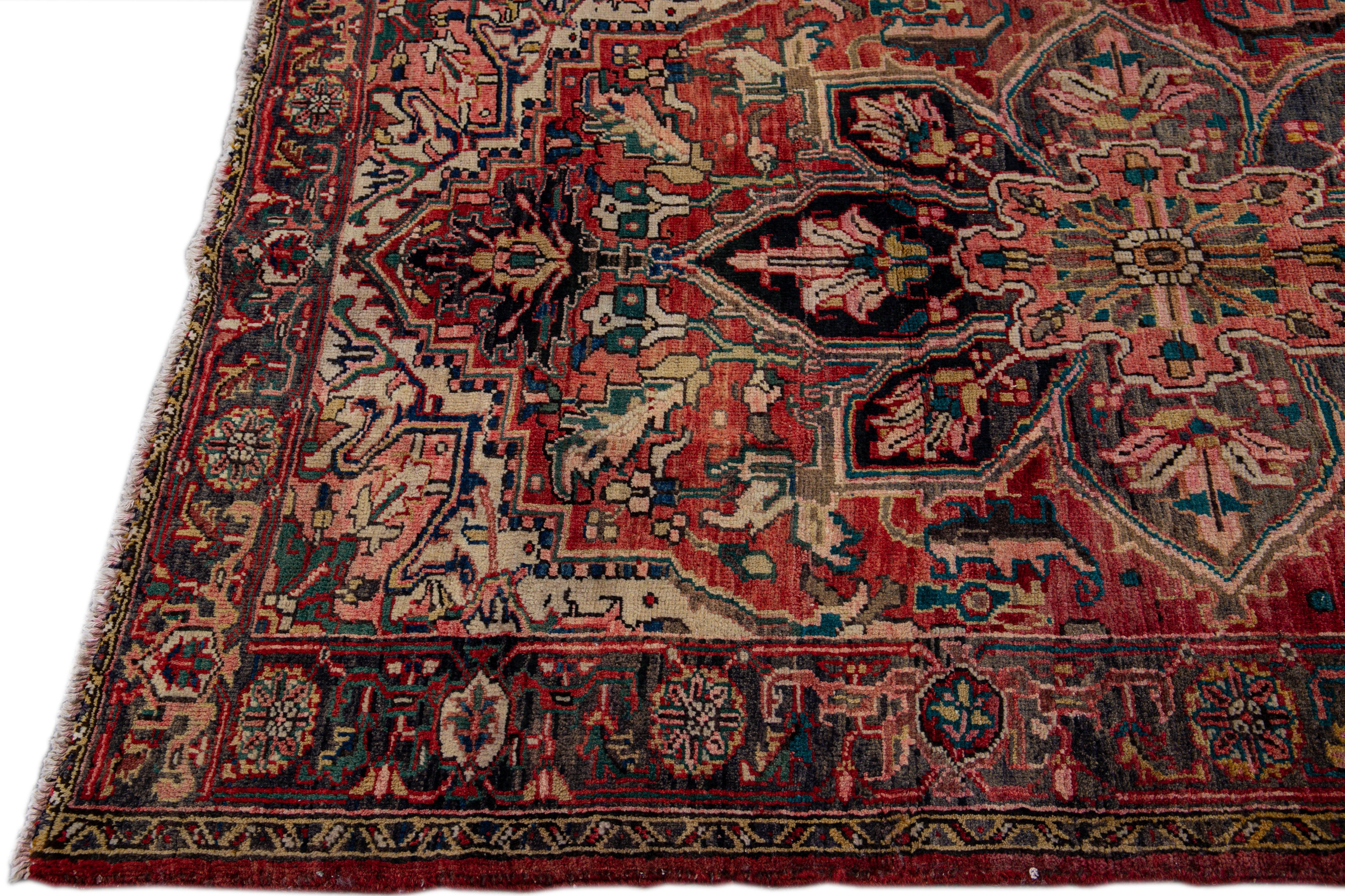 Hand-Knotted Antique Persian Heriz Red Handmade Medallion Floral Wool Rug For Sale