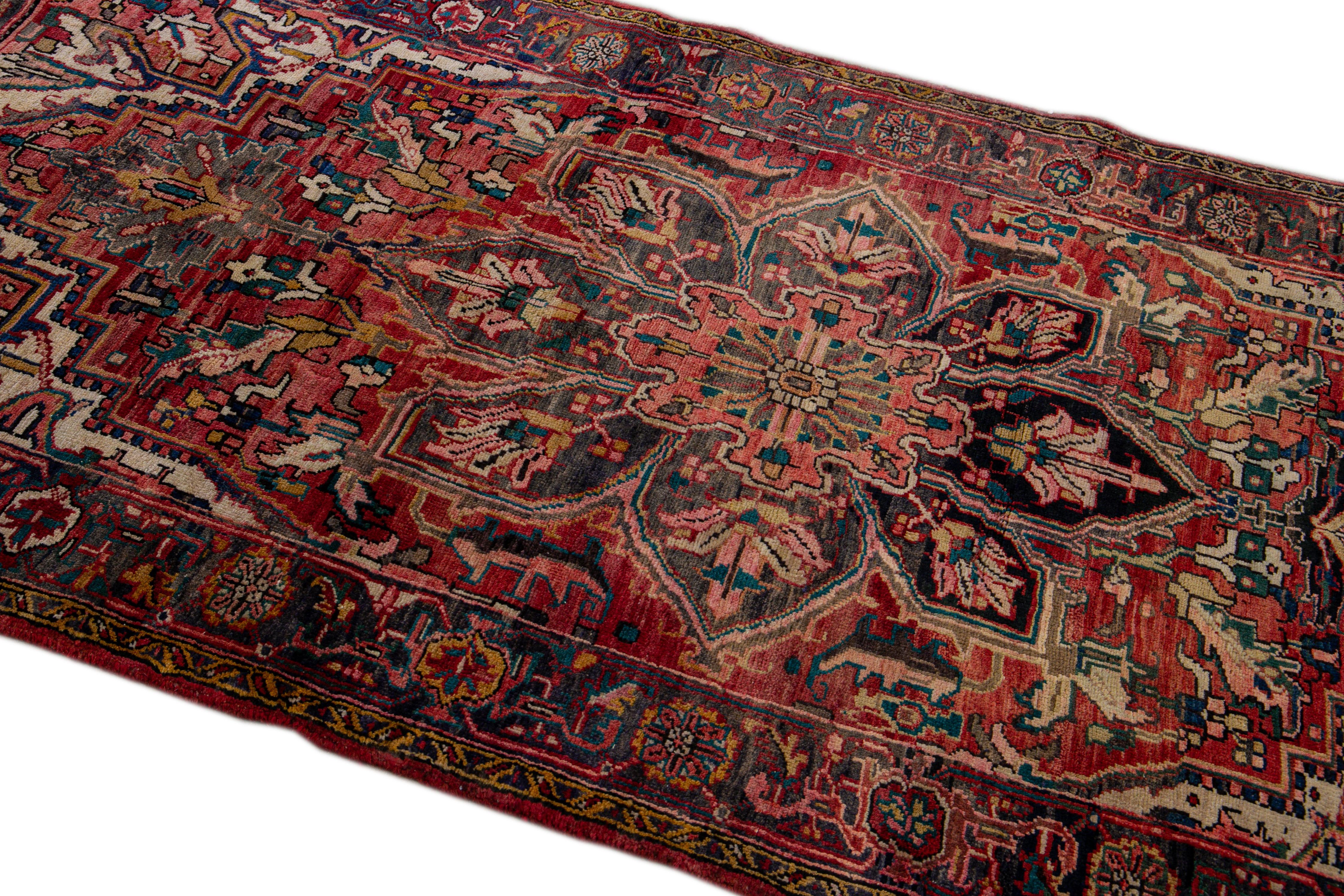 Antique Persian Heriz Red Handmade Medallion Floral Wool Rug For Sale 1