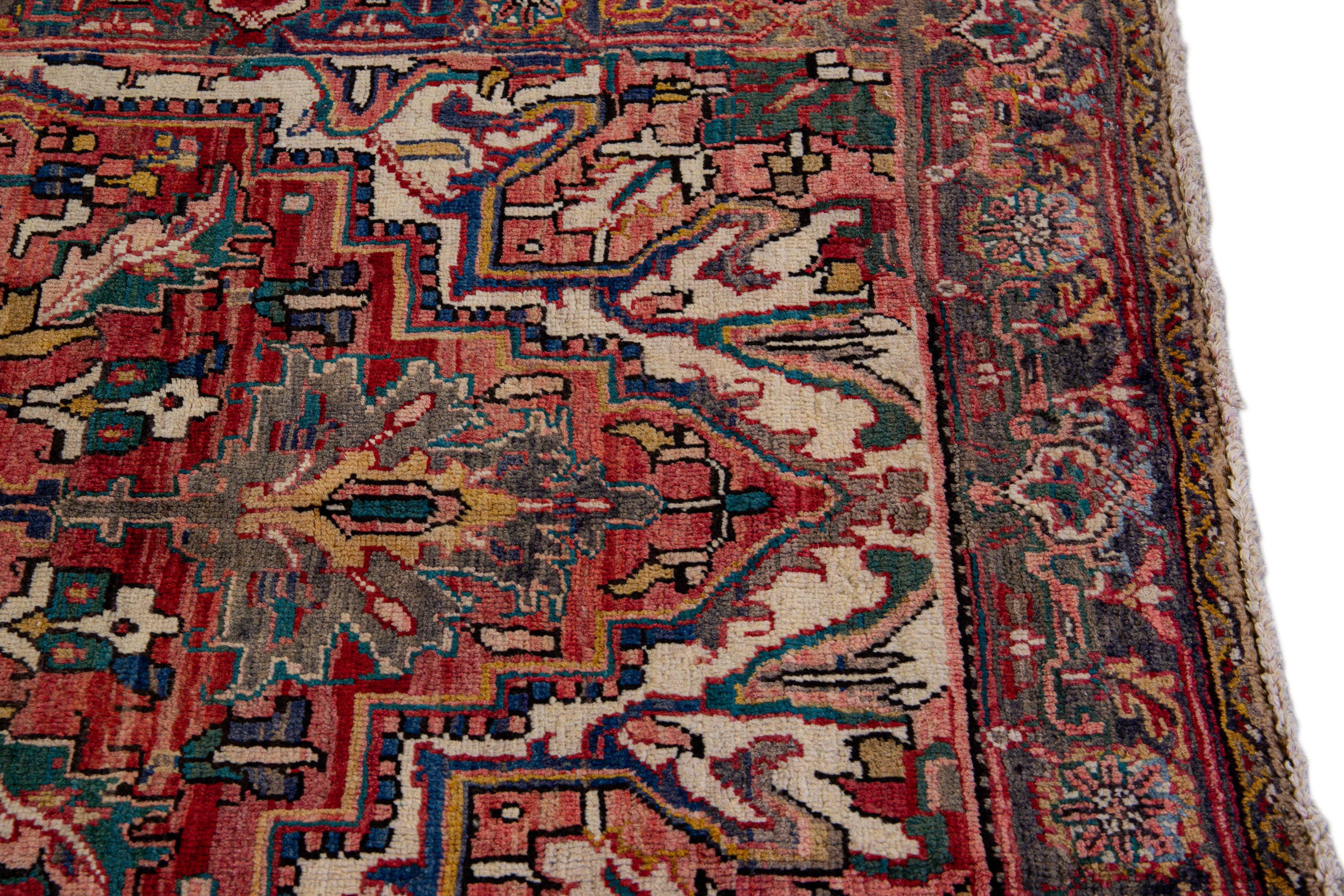 Antique Persian Heriz Red Handmade Medallion Floral Wool Rug For Sale 2