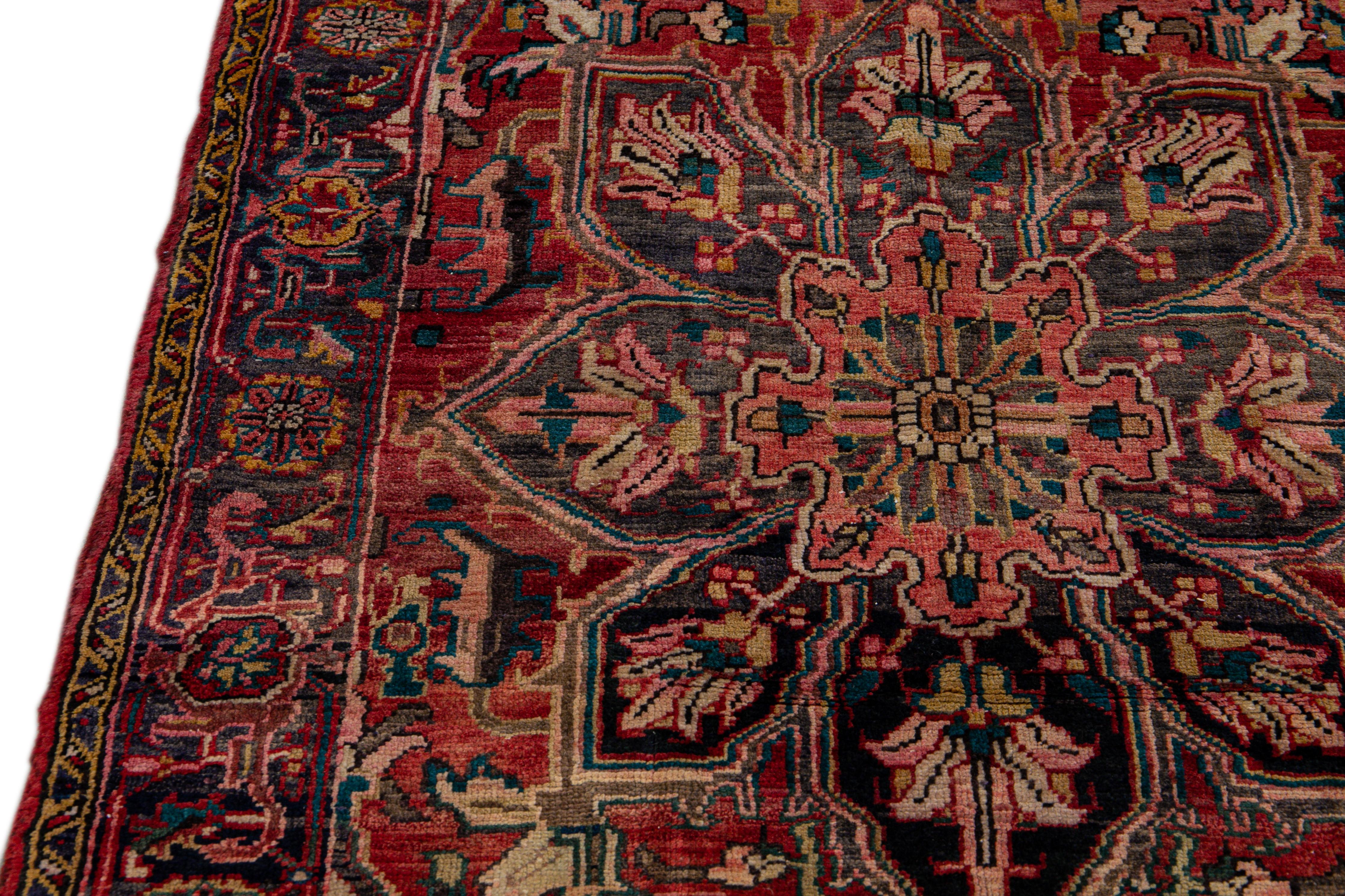 Antique Persian Heriz Red Handmade Medallion Floral Wool Rug For Sale 3