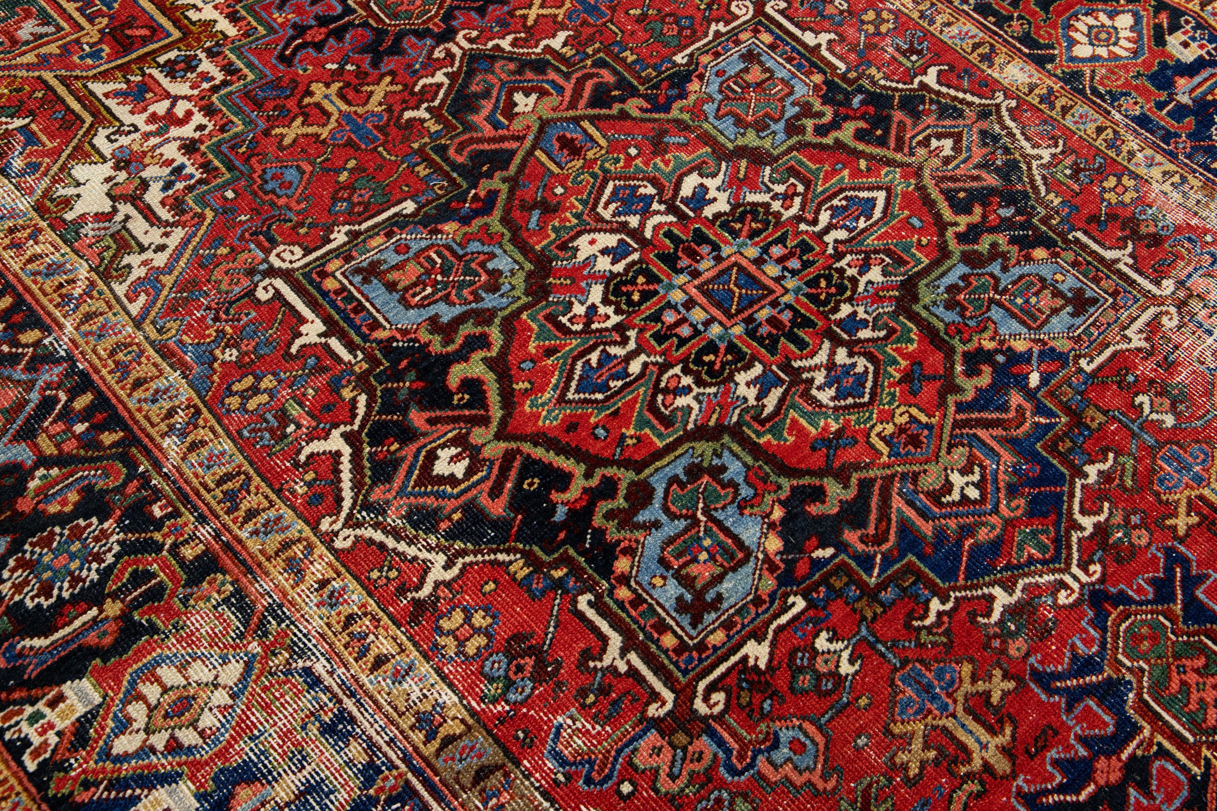 Antique Persian Heriz Red Handmade Medallion Motif Wool Rug For Sale 4