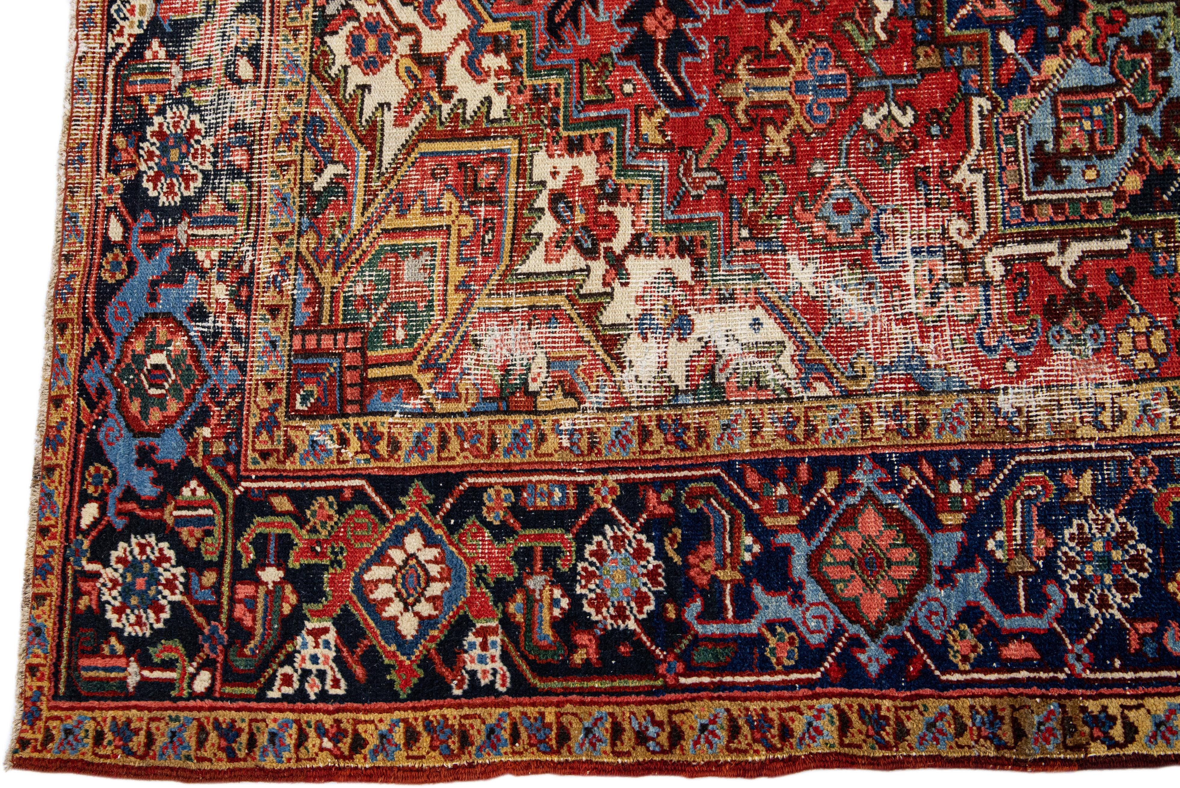 Hand-Knotted Antique Persian Heriz Red Handmade Medallion Motif Wool Rug For Sale