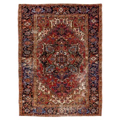 Antique Persian Heriz Red Handmade Medallion Motif Wool Rug