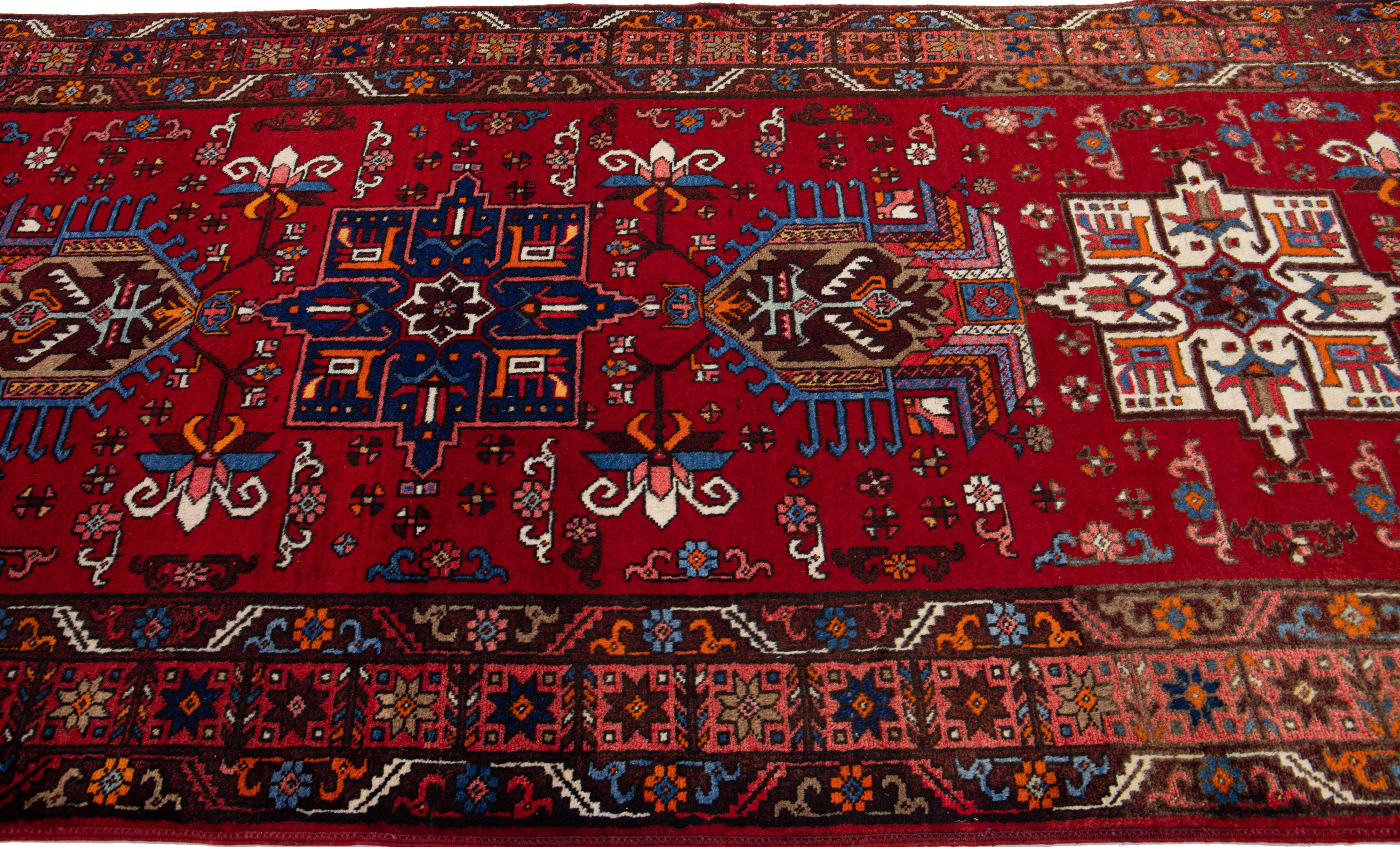 Hand-Knotted Antique Persian Heriz Red Handmade Tribal Wool Rug For Sale