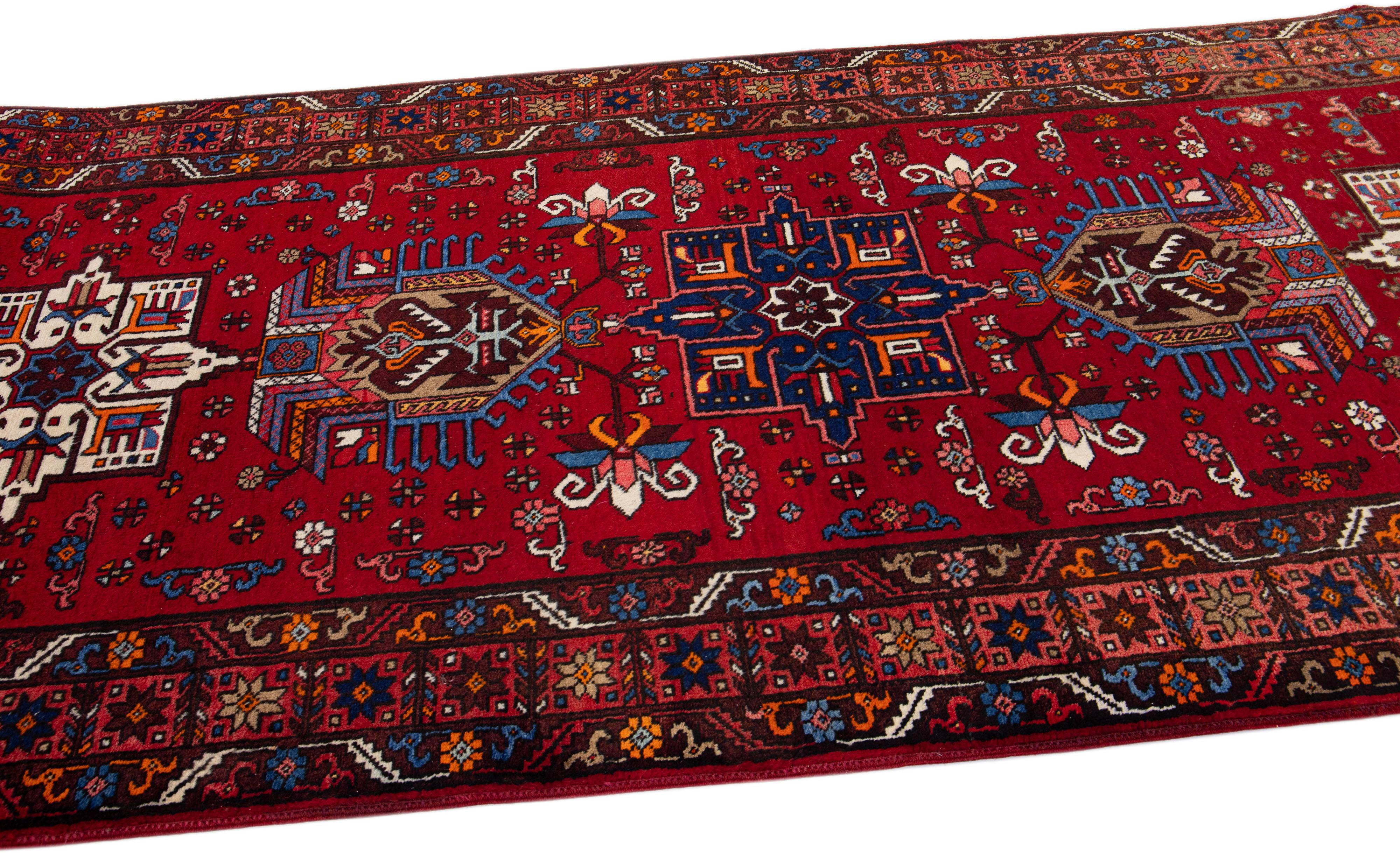 Antique Persian Heriz Red Handmade Tribal Wool Rug In Good Condition For Sale In Norwalk, CT