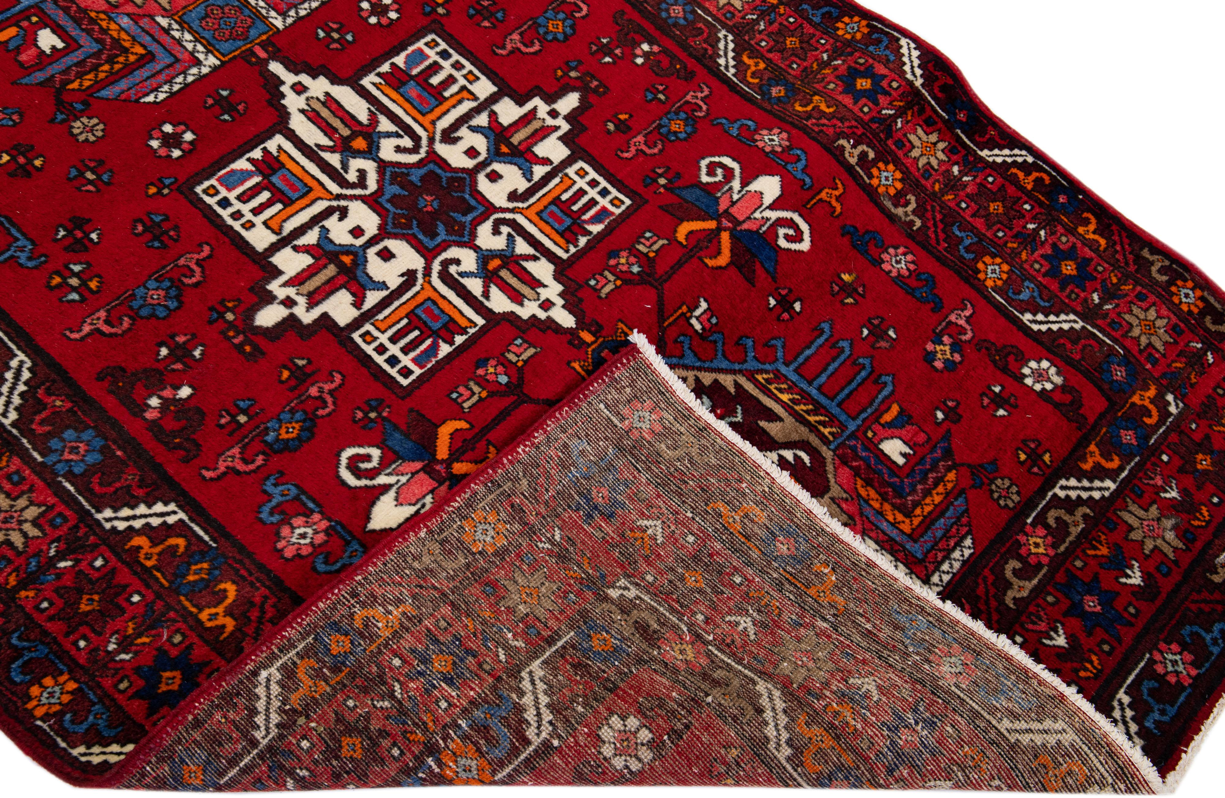 Antique Persian Heriz Red Handmade Tribal Wool Rug For Sale 1