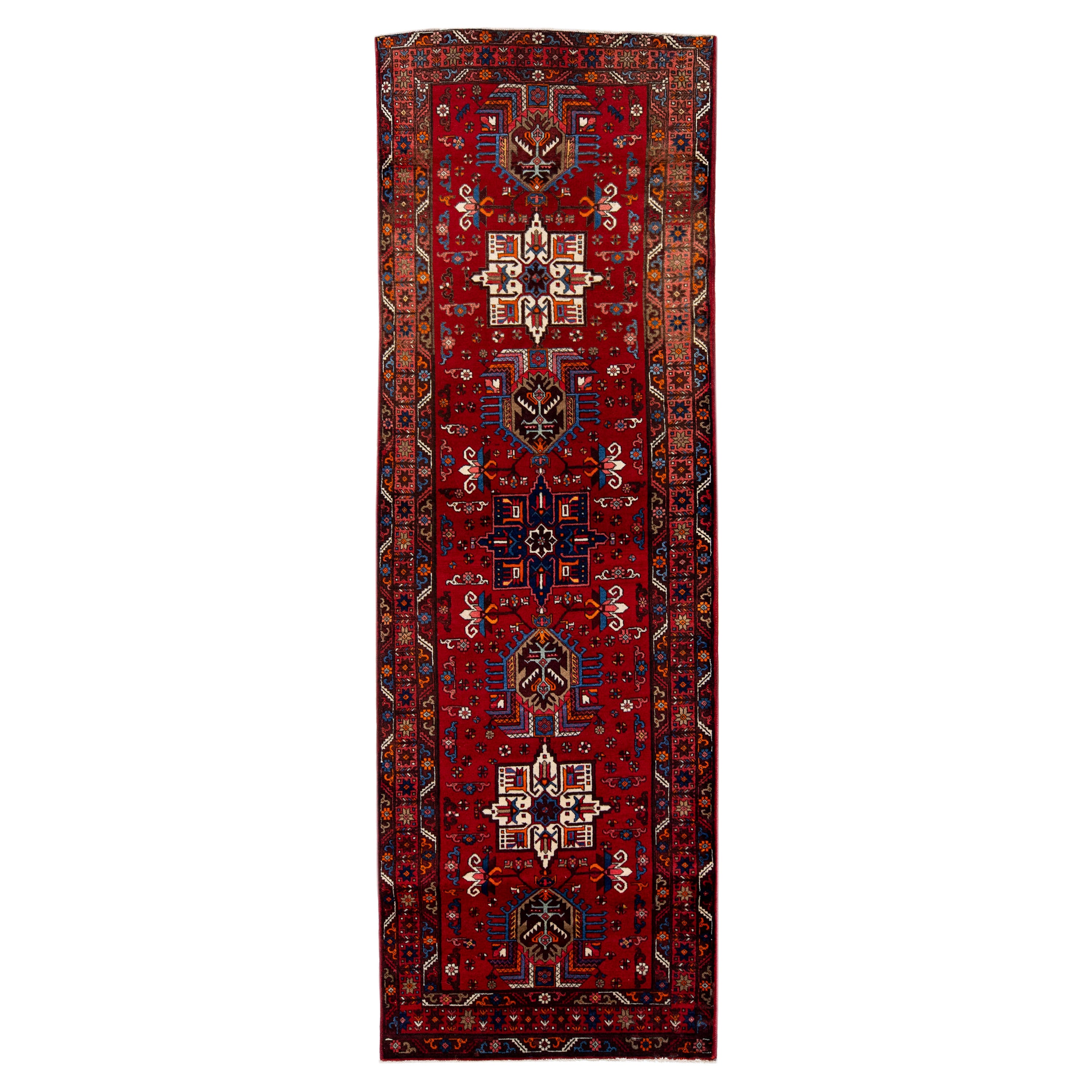 Ancien tapis persan Heriz rouge en laine tribale fait à la main en vente