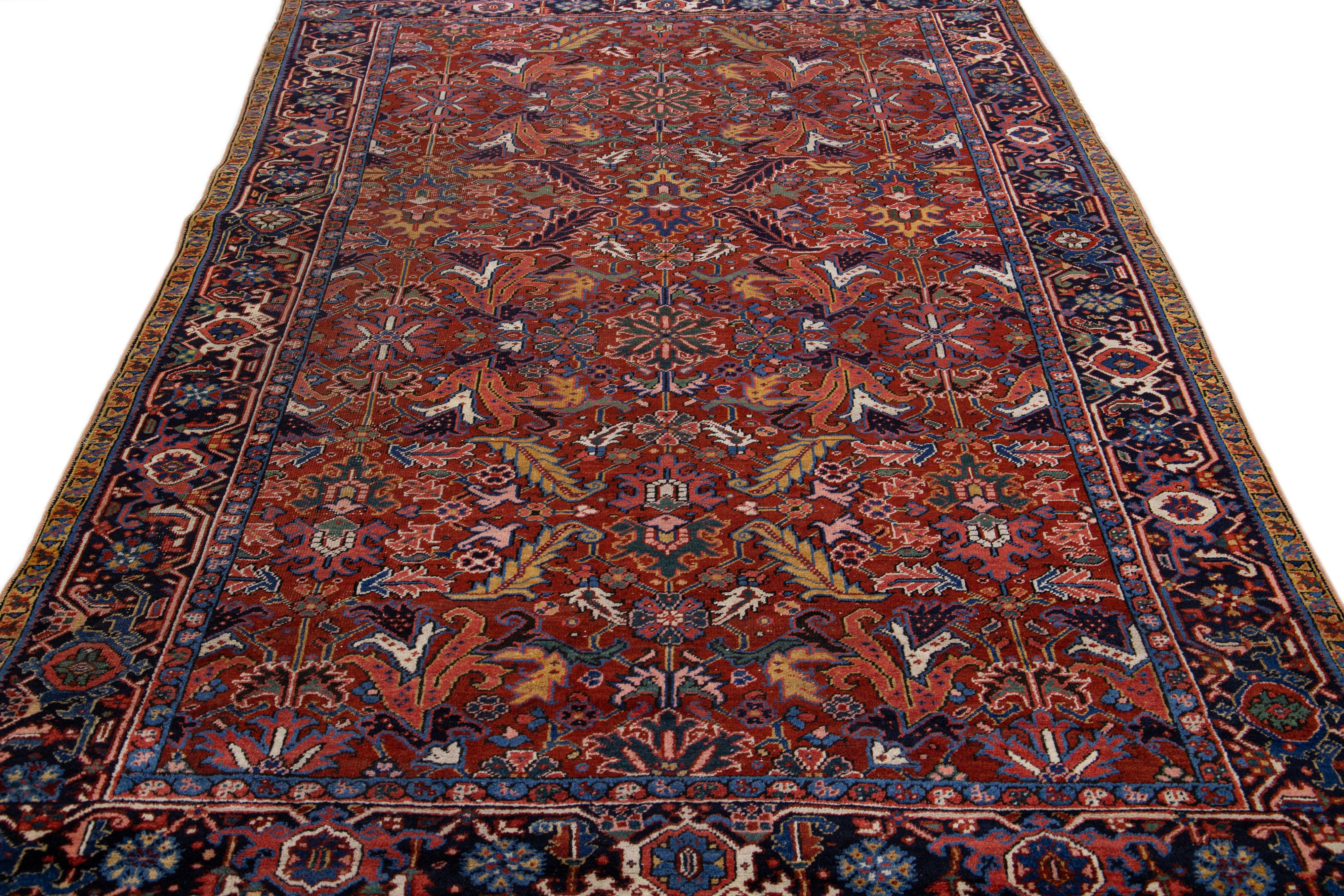 Heriz Serapi Antique Persian Heriz Red Handmade Wool Rug Allover Motif For Sale
