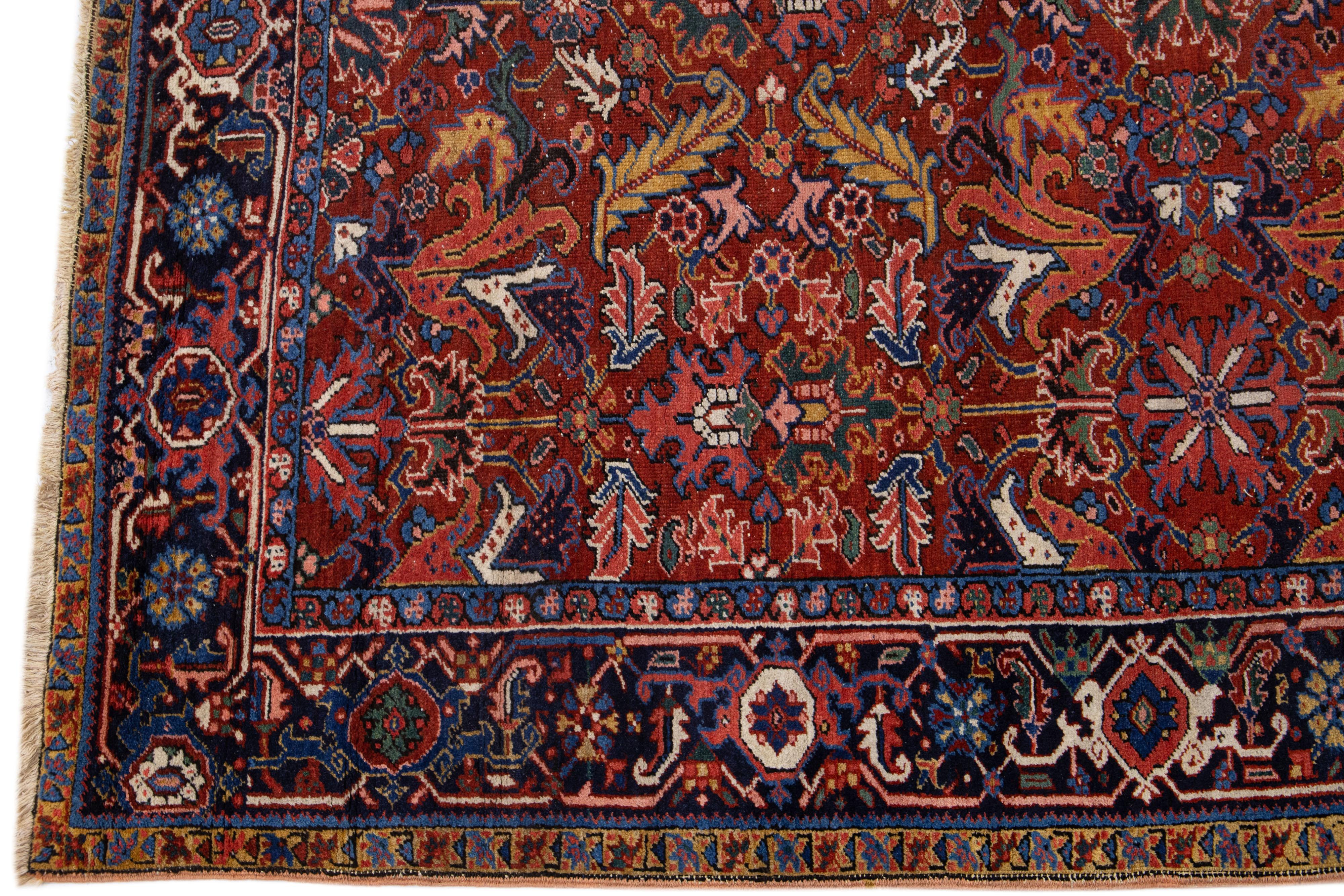 Hand-Knotted Antique Persian Heriz Red Handmade Wool Rug Allover Motif For Sale