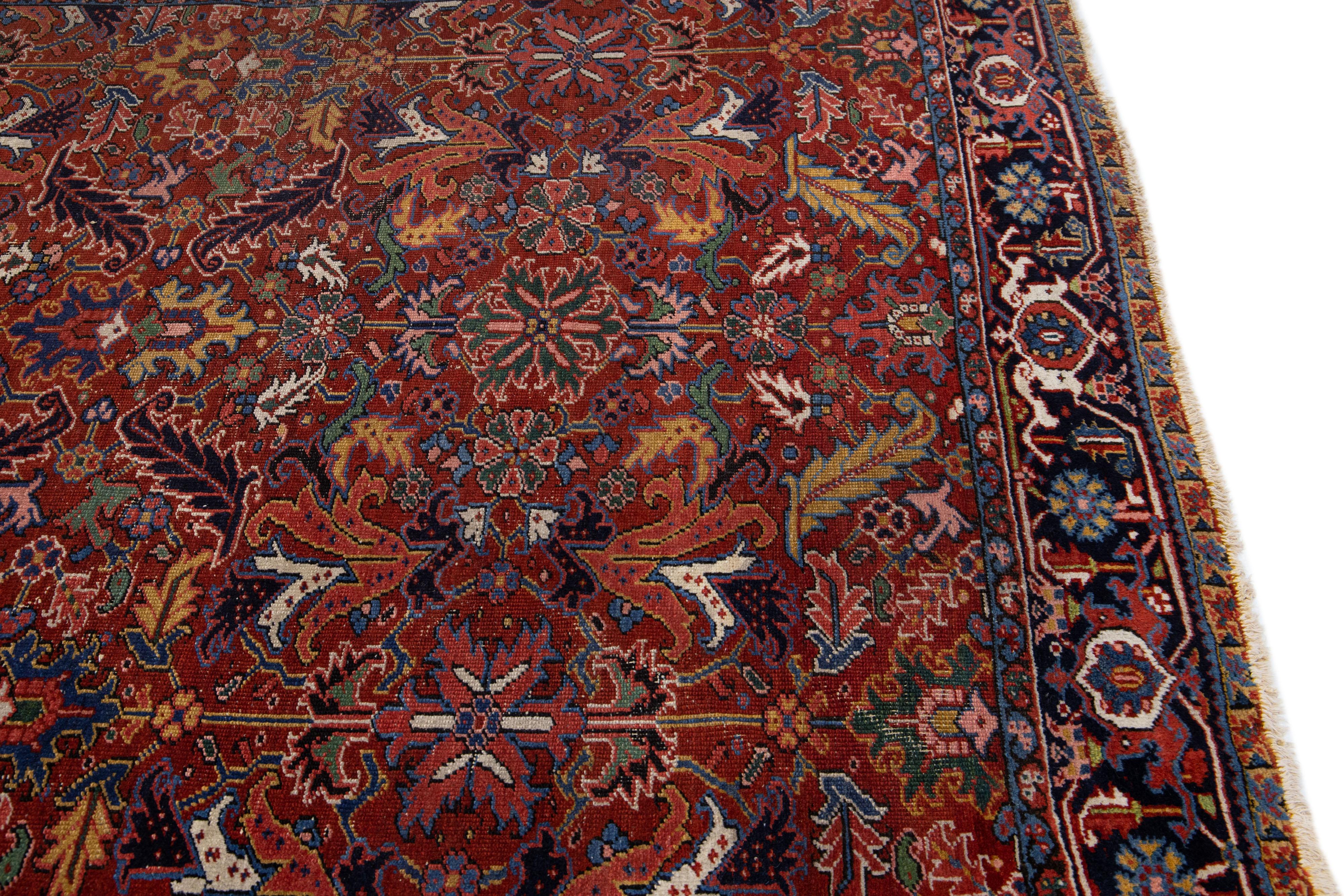 Antique Persian Heriz Red Handmade Wool Rug Allover Motif For Sale 1