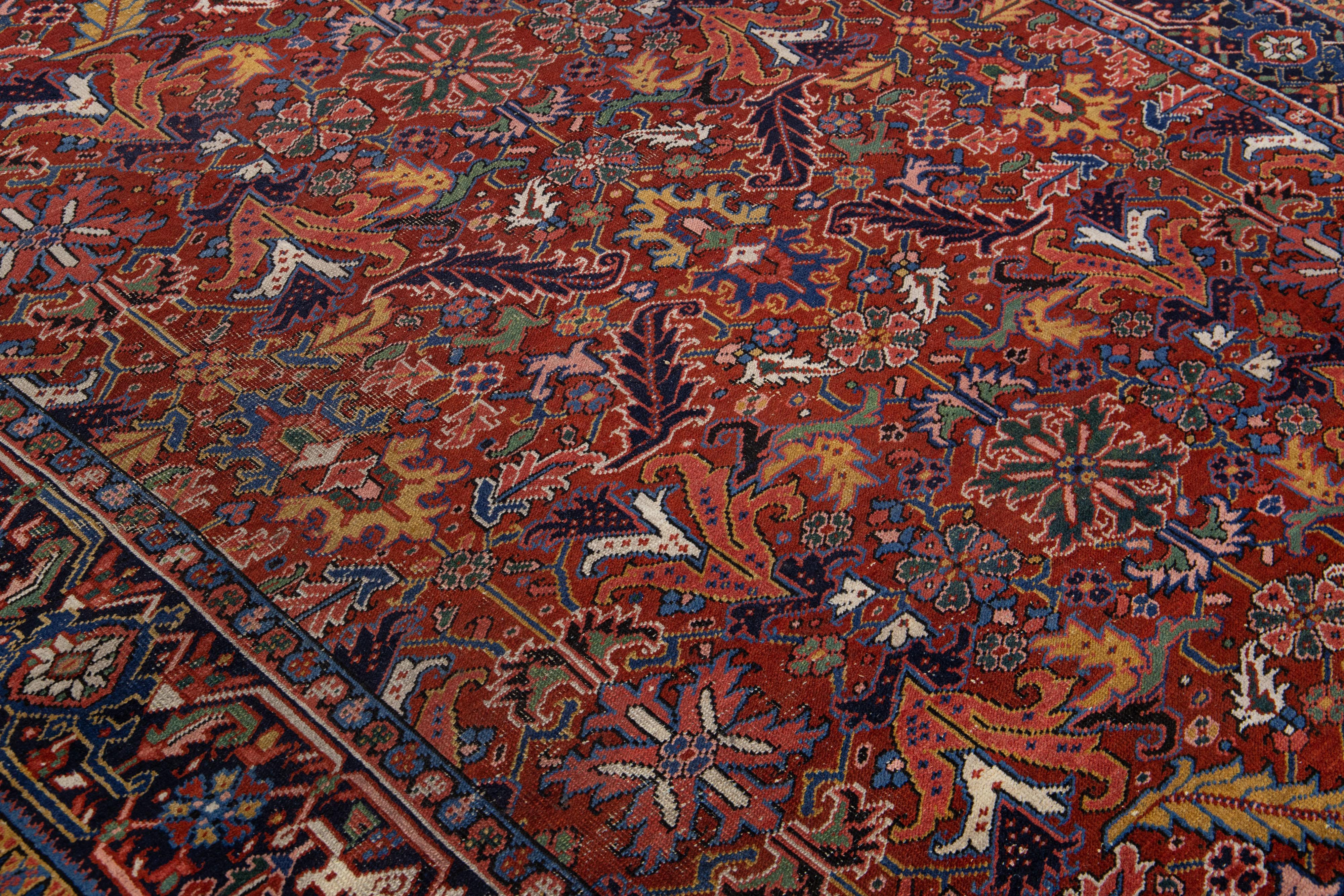 Antique Persian Heriz Red Handmade Wool Rug Allover Motif For Sale 2