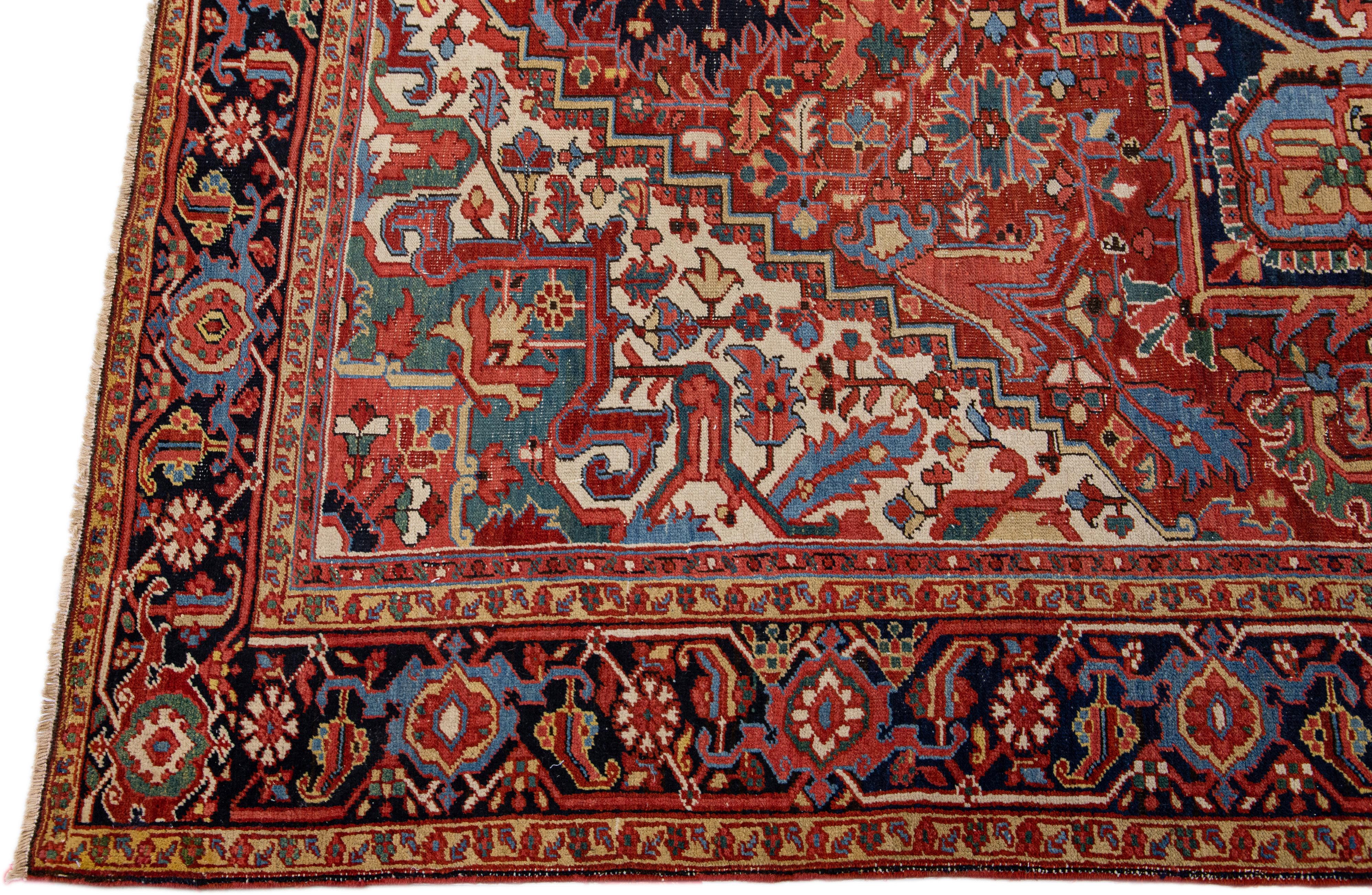 Hand-Knotted Antique Persian Heriz Red Handmade Wool Rug with Medallion Design For Sale