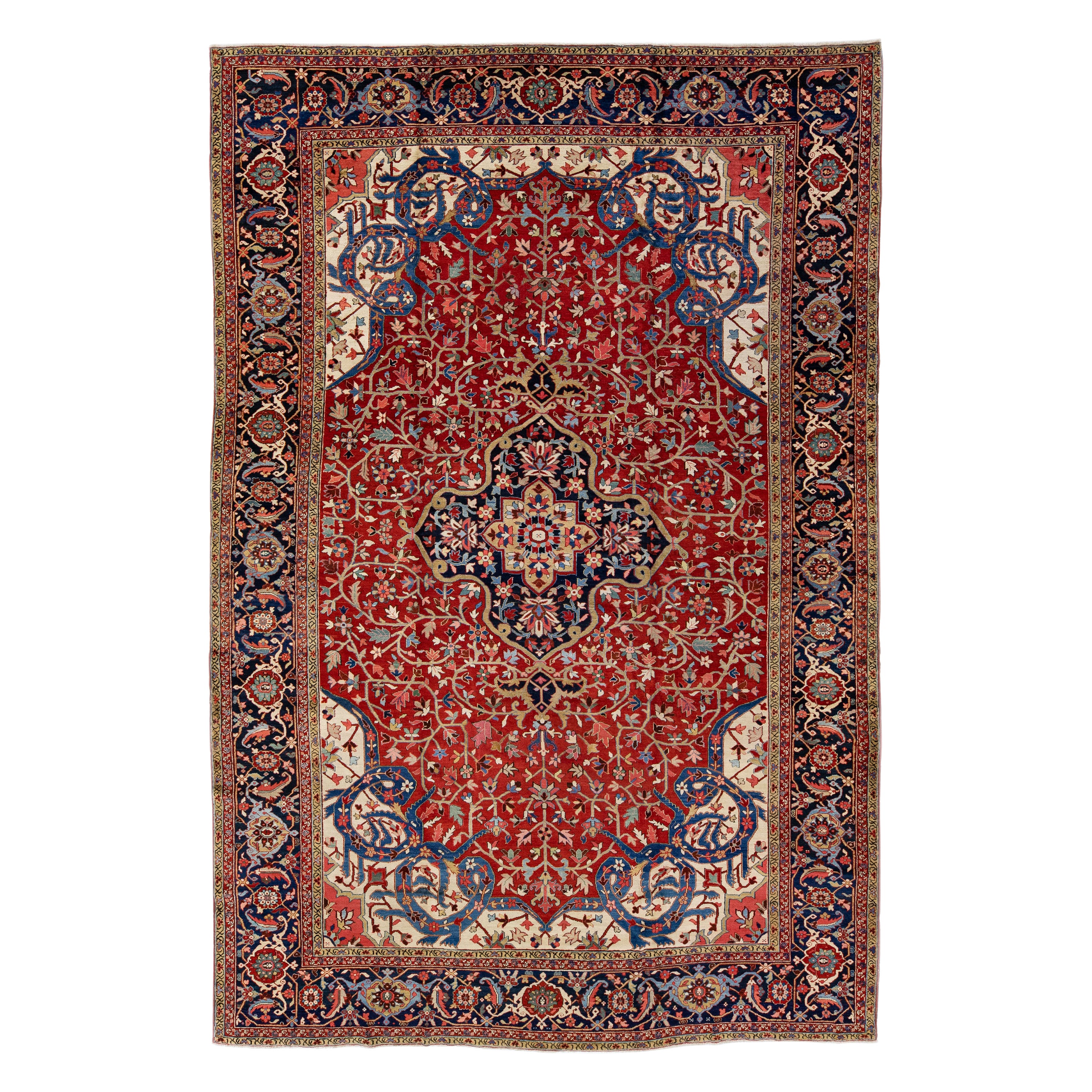 Antique Persian Heriz Red Handmade Wool Rug With Medallion Motif