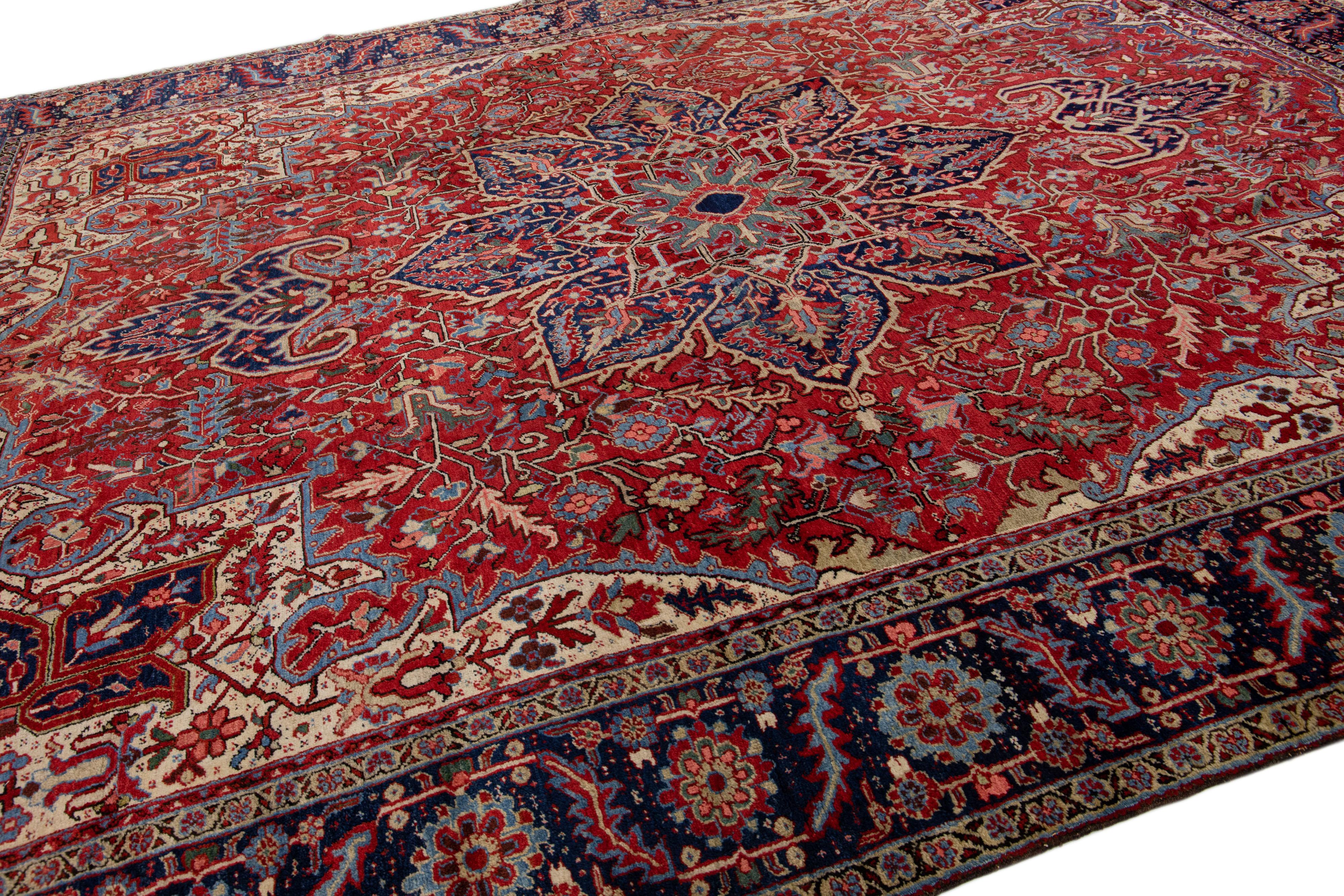 Antique Persian Heriz Red Handmade Wool Rug With Multicolor Medallion Motif In Good Condition For Sale In Norwalk, CT